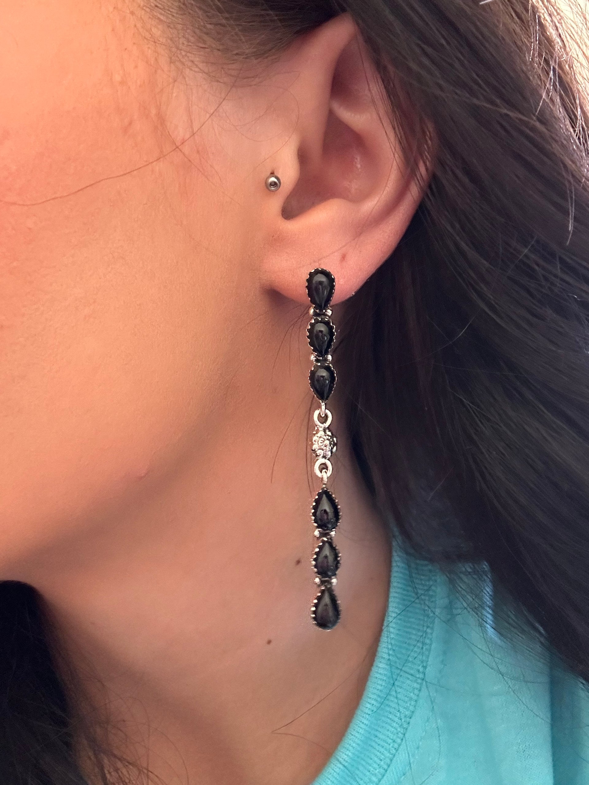Southwest Handmade Onyx & Sterling Silver Post Dangle Earrings