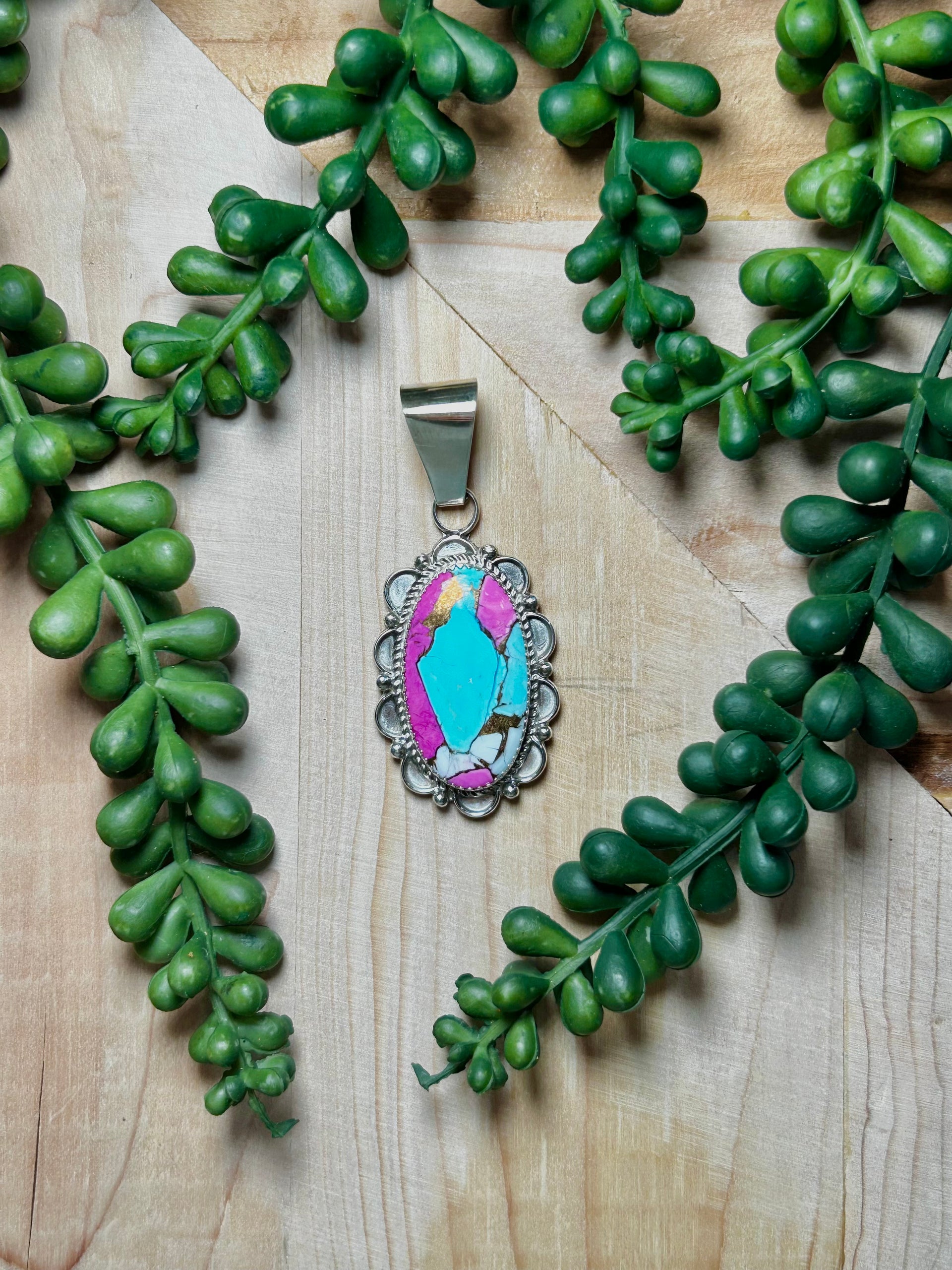 Navajo Made Cotton Candy Dahlia & Sterling Silver Cluster Pendant