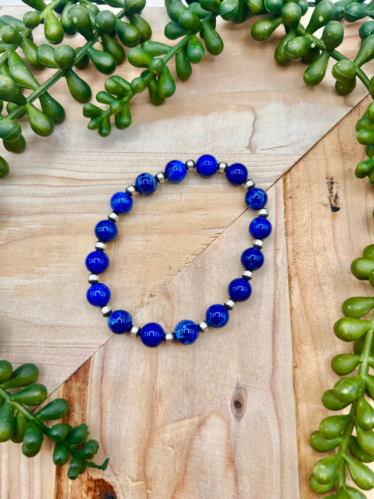 Navajo Made Lapis & Sterling Sliver  Strung Stretchy Bracelet