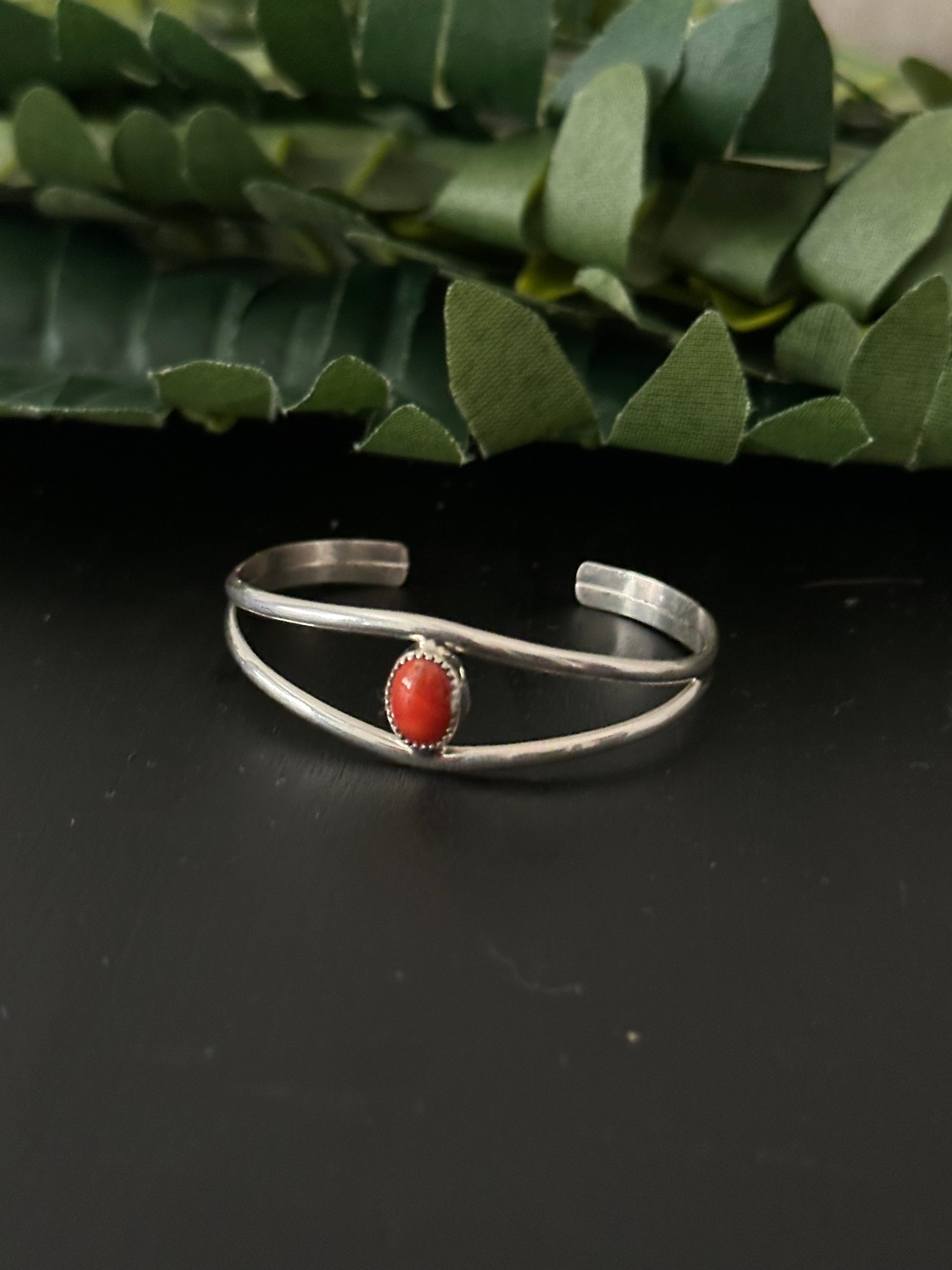 Navajo Made Coral and Sterling Silver BABY Cuff Bracelet