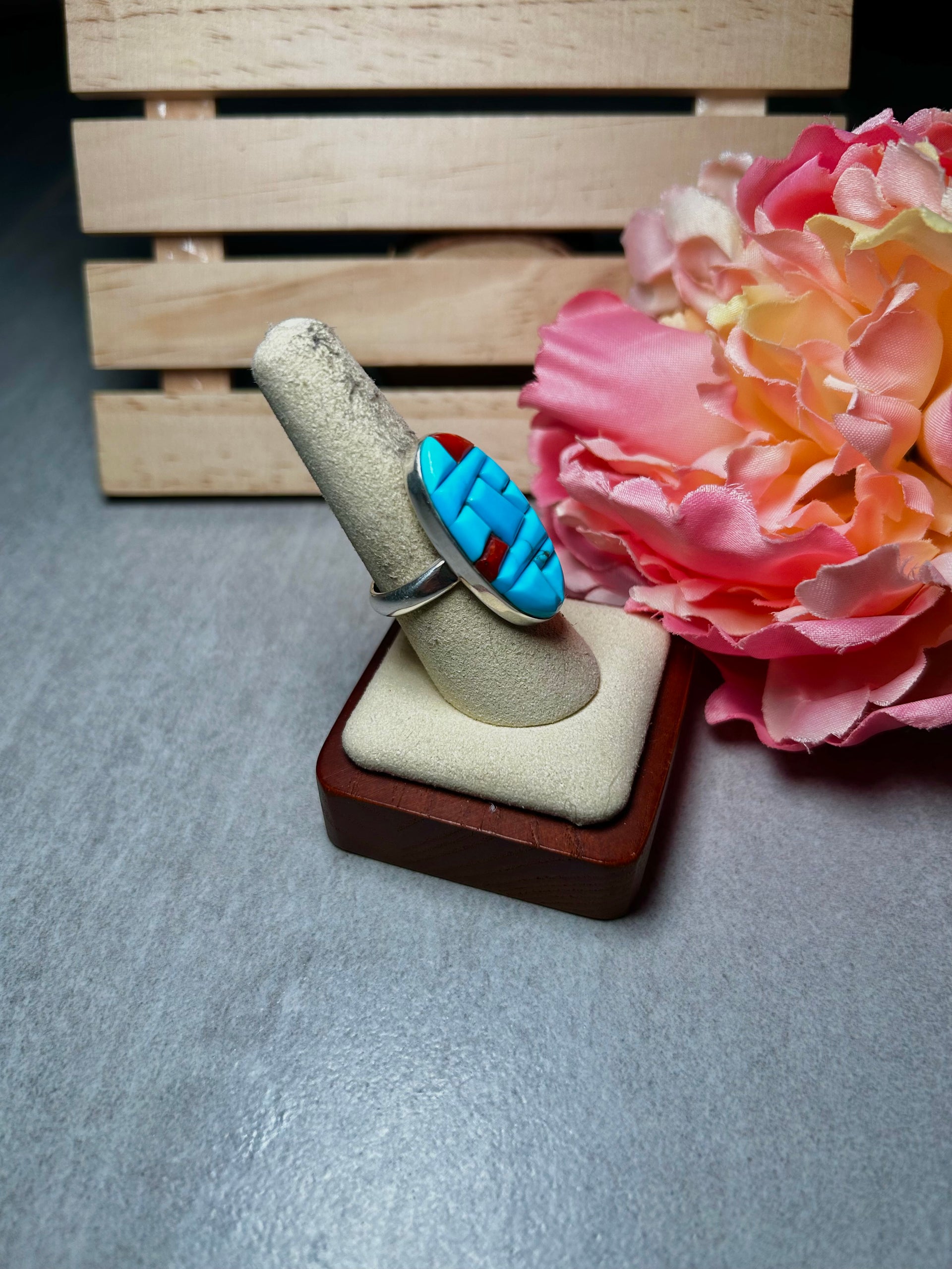 Navajo Multi Stone Cobble Stone & Sterling Silver Ring Size 8.25