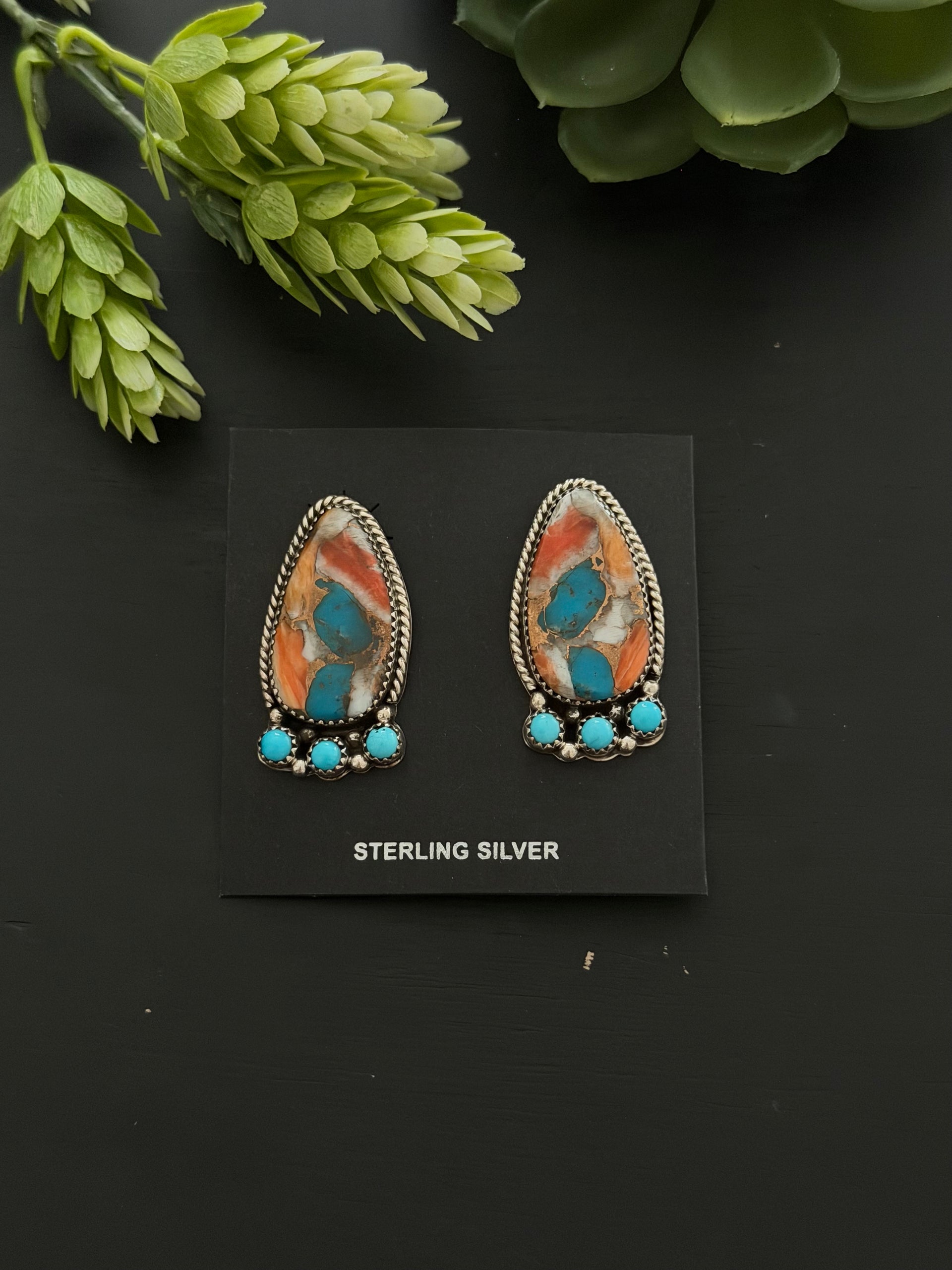 Navajo Made Multi Stone & Sterling Silver Post Dangle Cluster Earrings