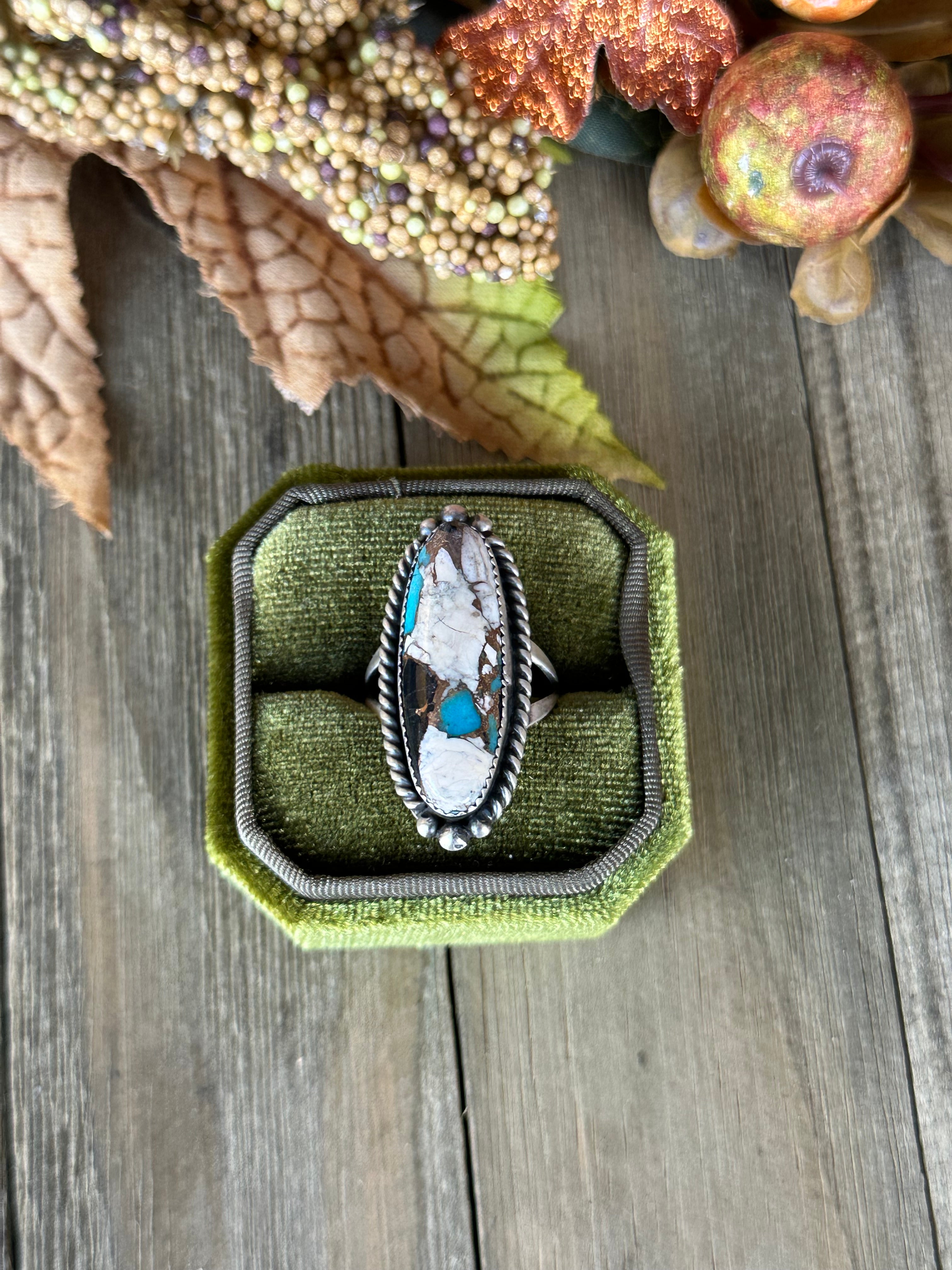 Navajo Made Mohave Turquoise & White Buffalo & Sterling Silver Ring