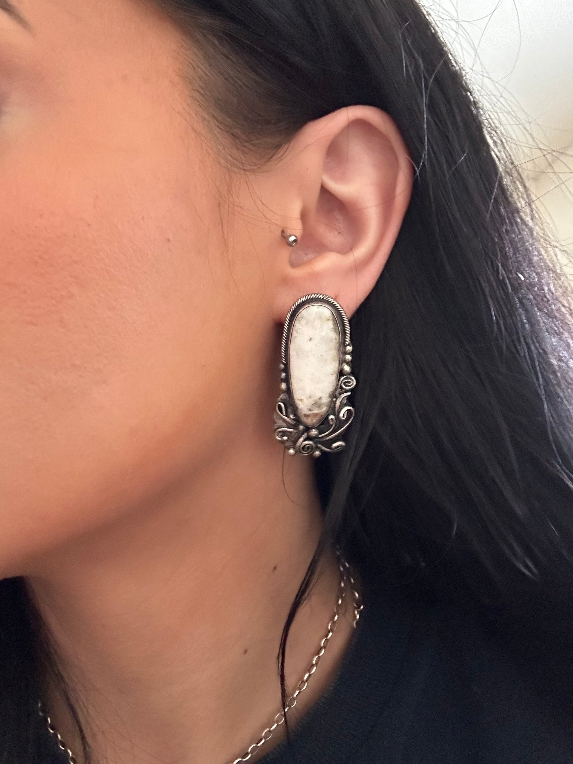 Navajo Made White Buffalo & Sterling Silver Post Dangle Earrings