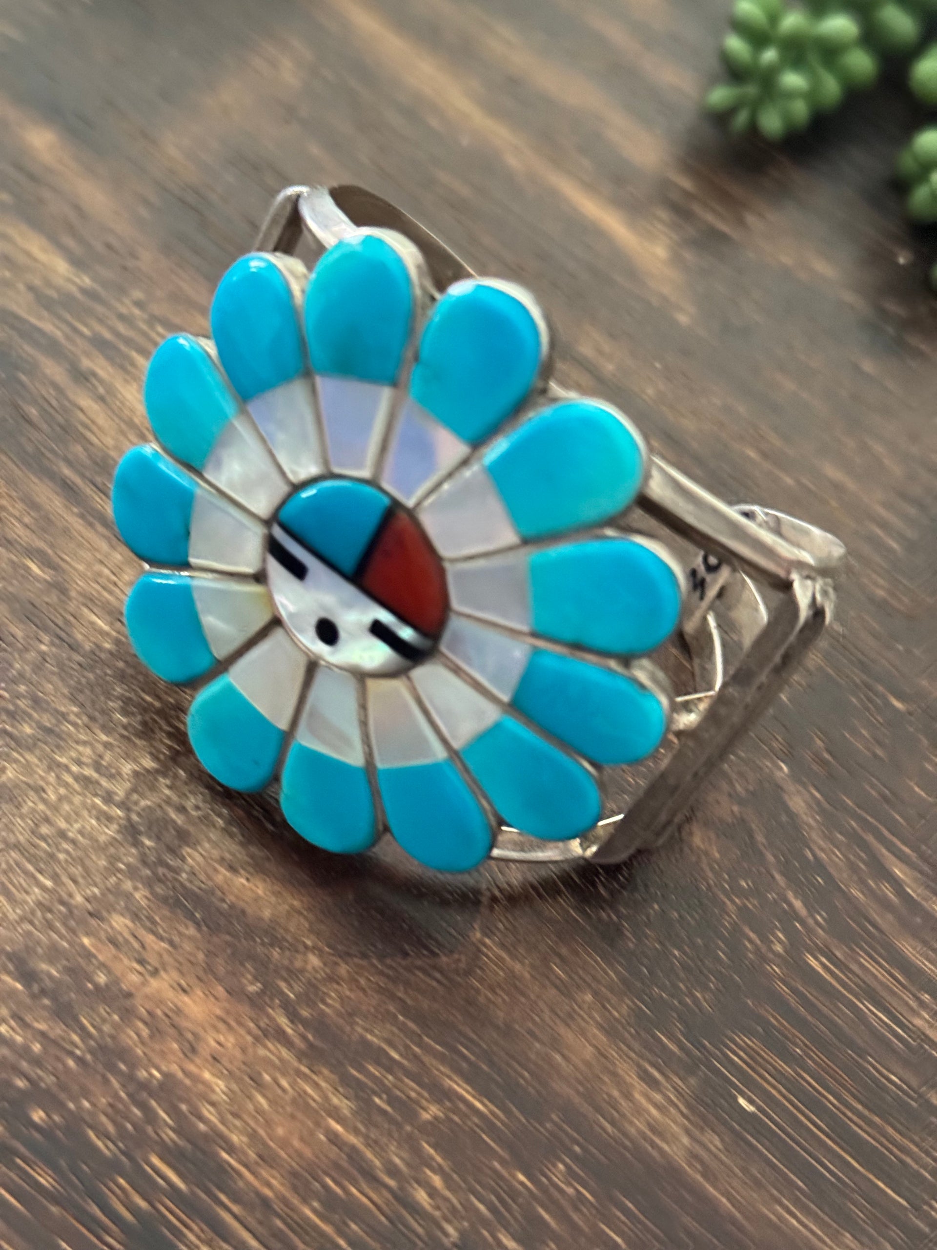 Vintage Edward Lewie Multi Stone & Sterling Silver Sunface Inlay Cuff Bracelet