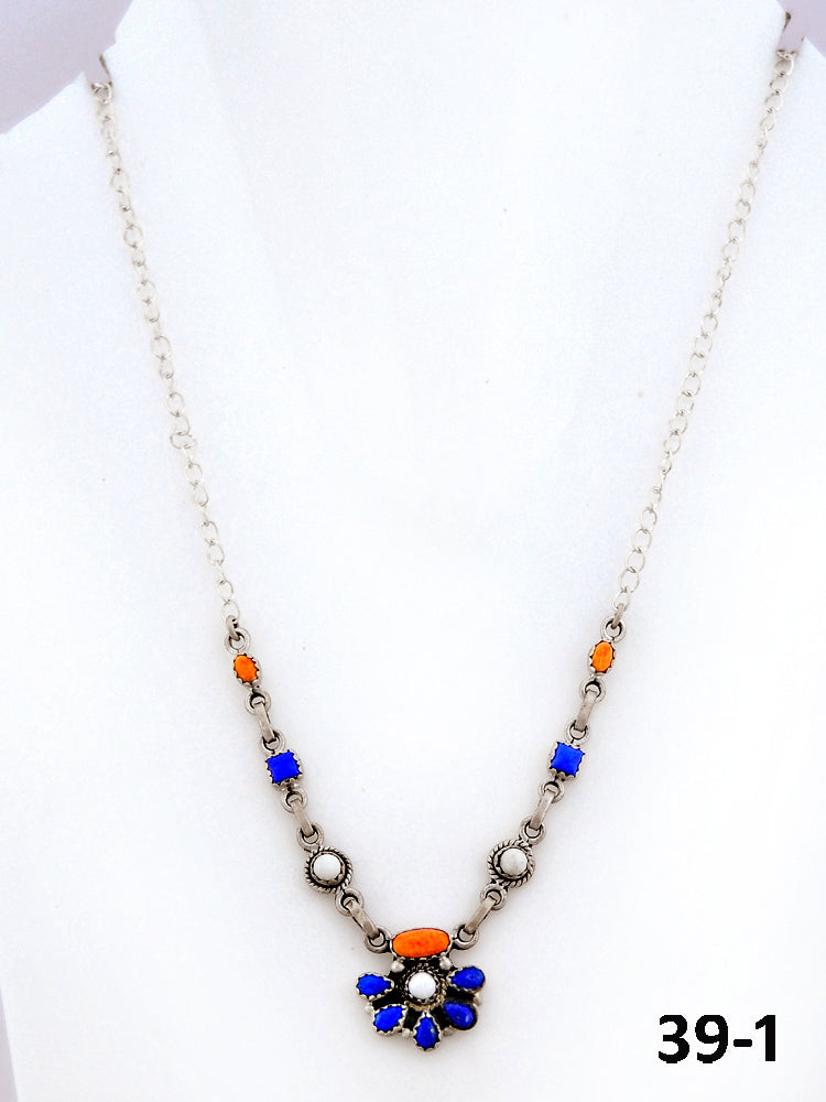 Southwest Made Lapis, White Buffalo with Orange Mohave & Sterling Silver Necklace