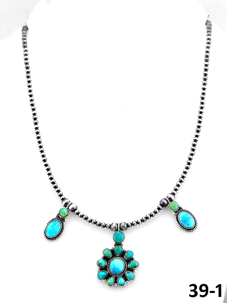 Southwest Handmade Emerald Valley with White Water Turquoise & Sterling Silver Beaded Necklace