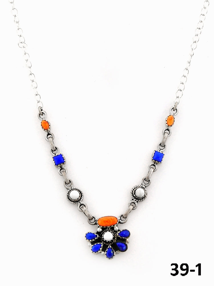 Southwest Made Lapis, White Buffalo with Orange Mohave & Sterling Silver Necklace