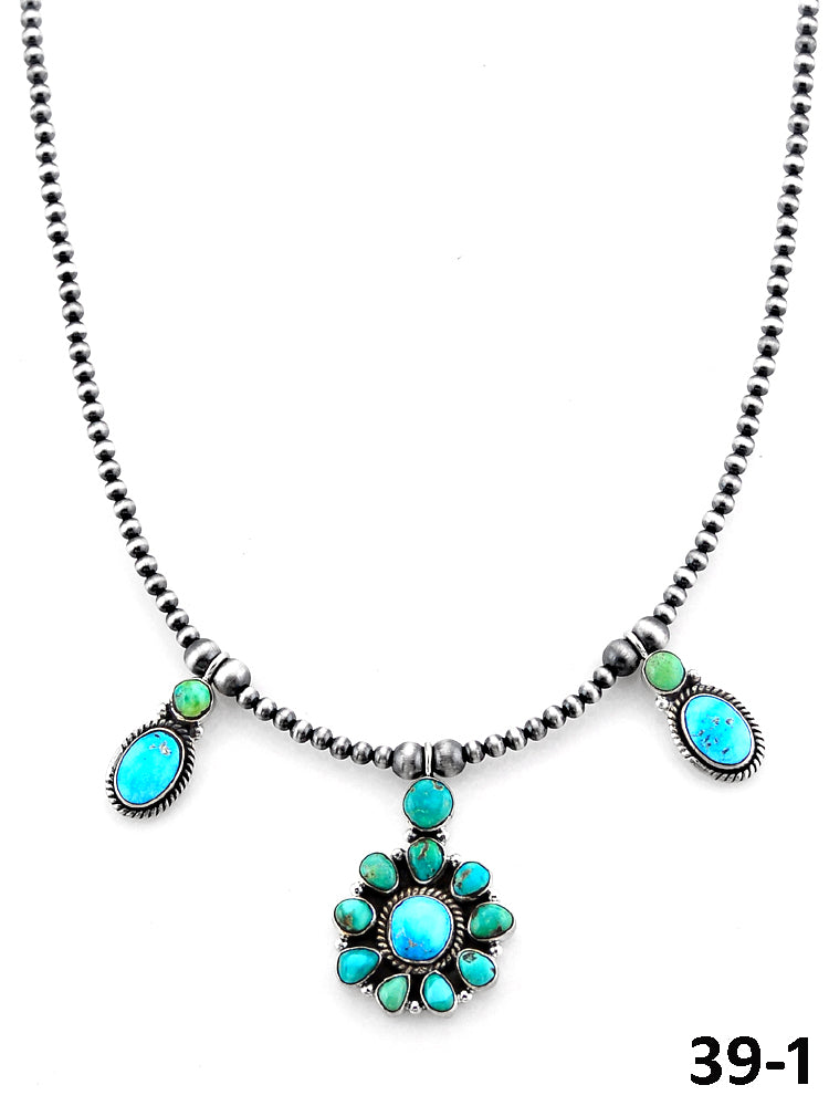 Southwest Handmade Emerald Valley with White Water Turquoise & Sterling Silver Beaded Necklace