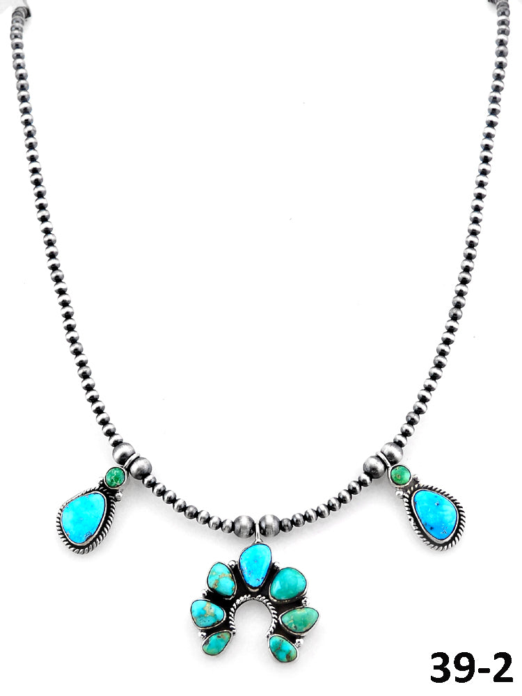 Southwest Handmade Emerald Valley with White Water Turquoise & Sterling Silver Beaded Necklace