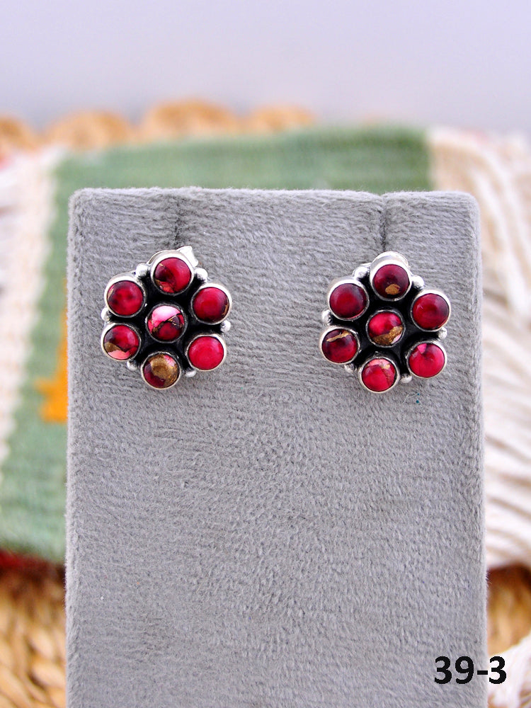 Southwest Made Red Dahlia & Sterling Silver Post Earrings