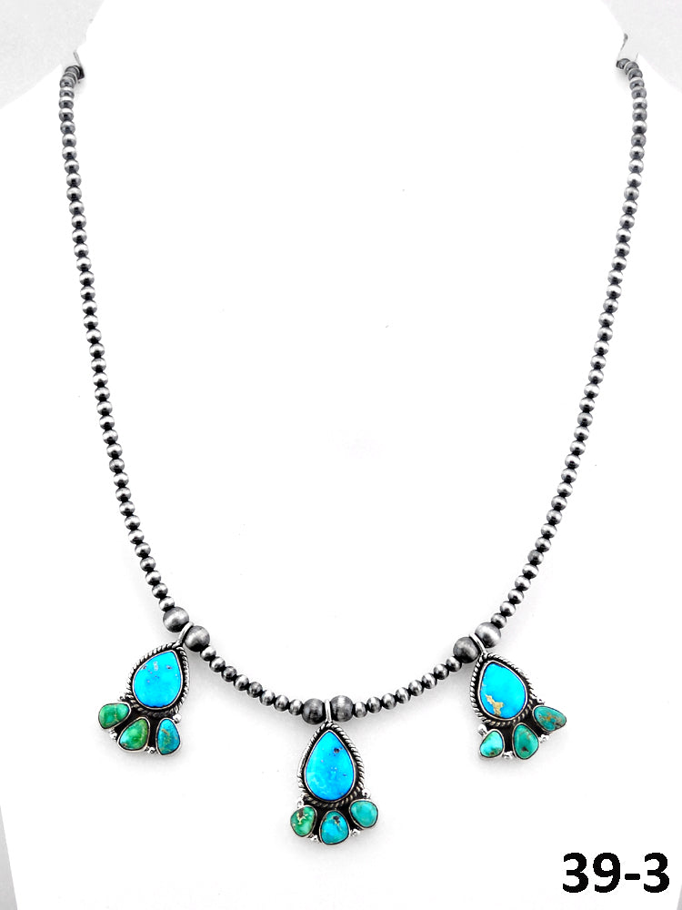 Southwest Handmade Emerald Valley with White Water Turquoise & Sterling Silver Beaded Necklace