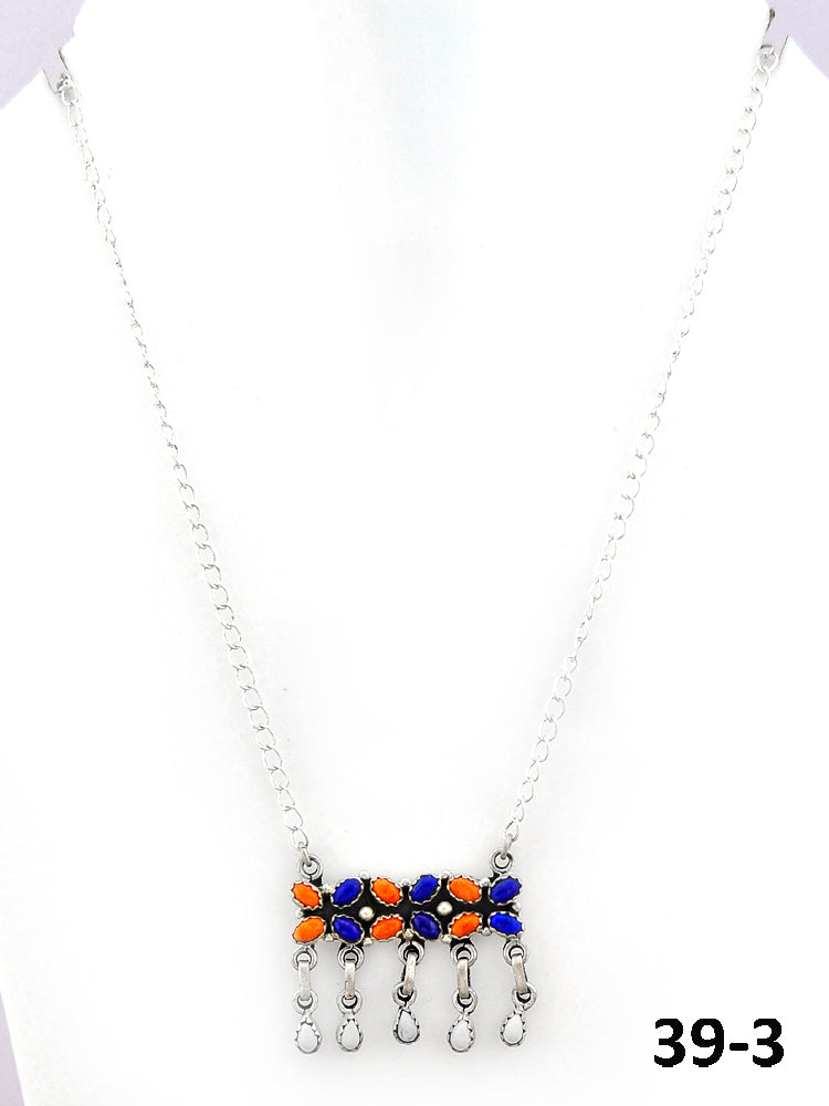 Southwest Made Lapis, White Buffalo with Orange Mohave & Sterling Silver Necklace