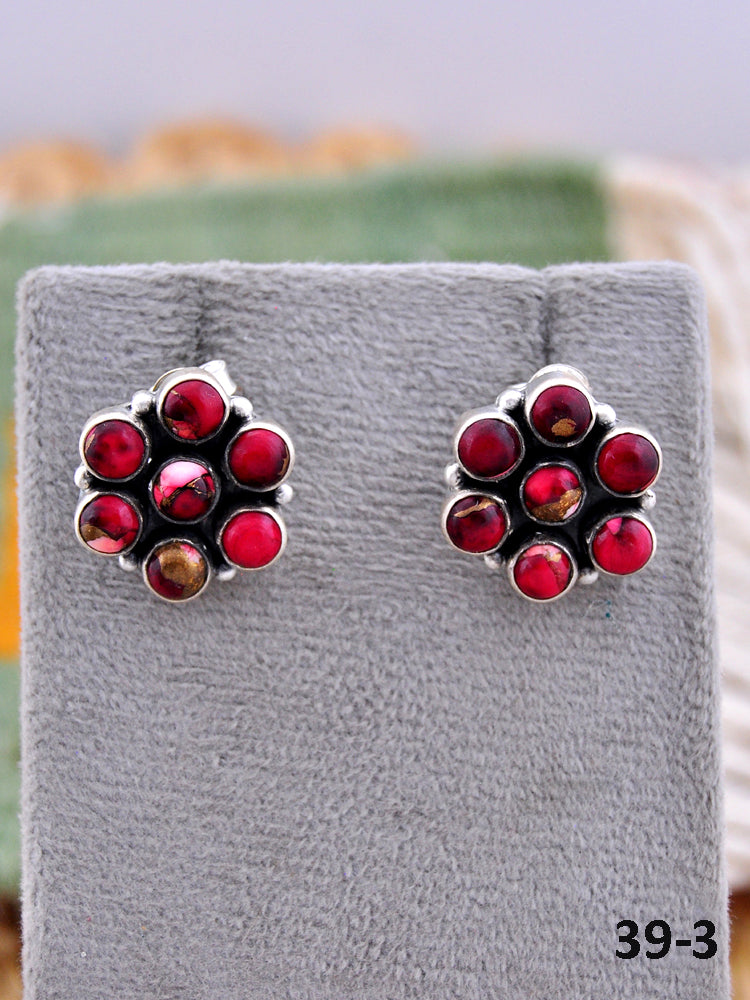Southwest Made Red Dahlia & Sterling Silver Post Earrings