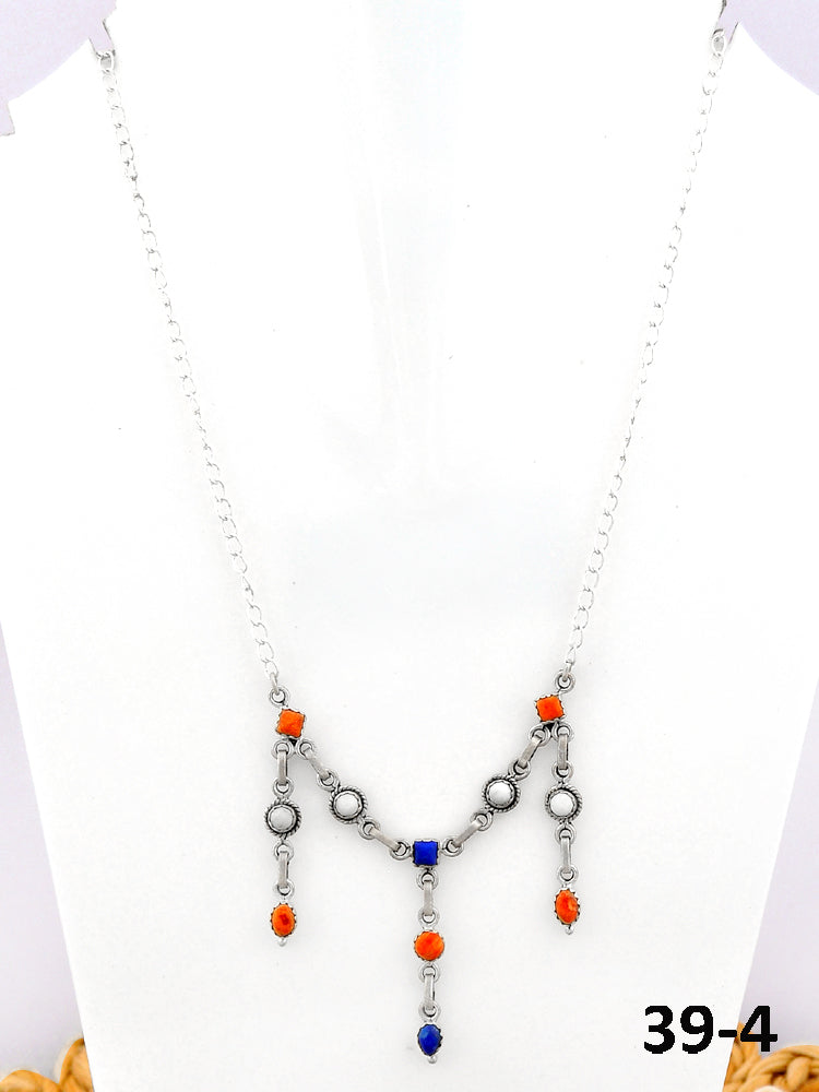 Southwest Made Lapis, White Buffalo with Orange Mohave & Sterling Silver Necklace