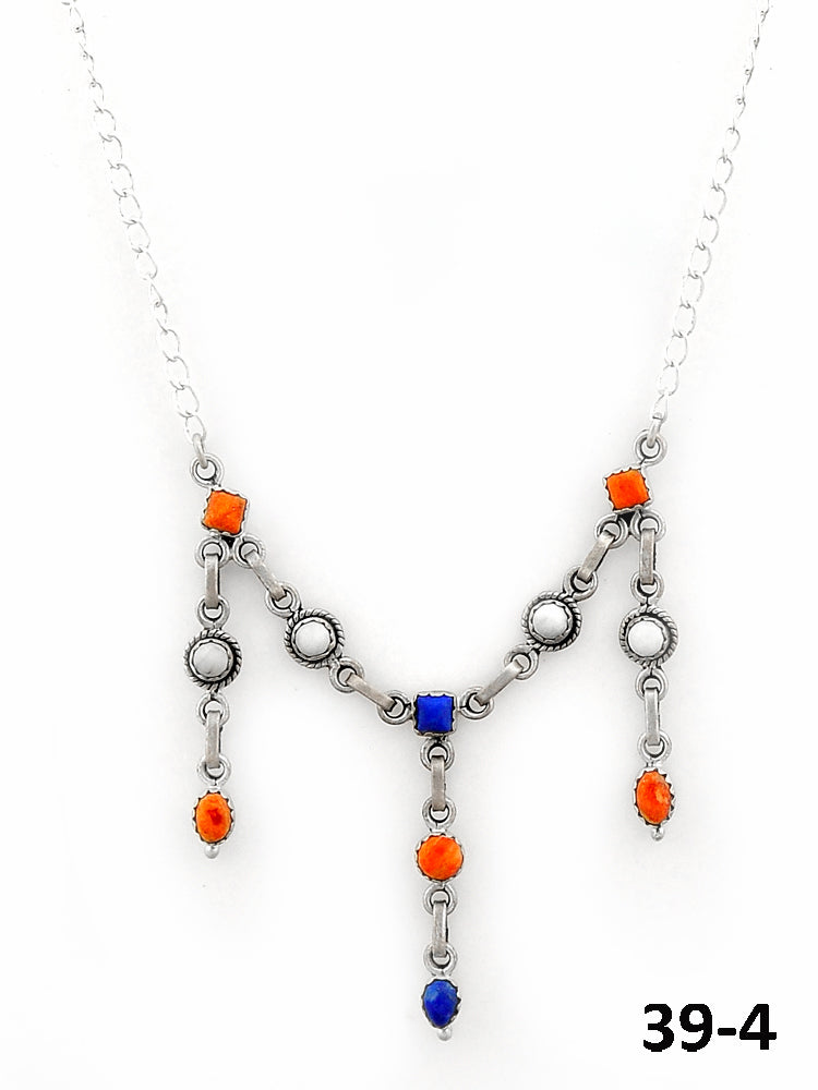 Southwest Made Lapis, White Buffalo with Orange Mohave & Sterling Silver Necklace