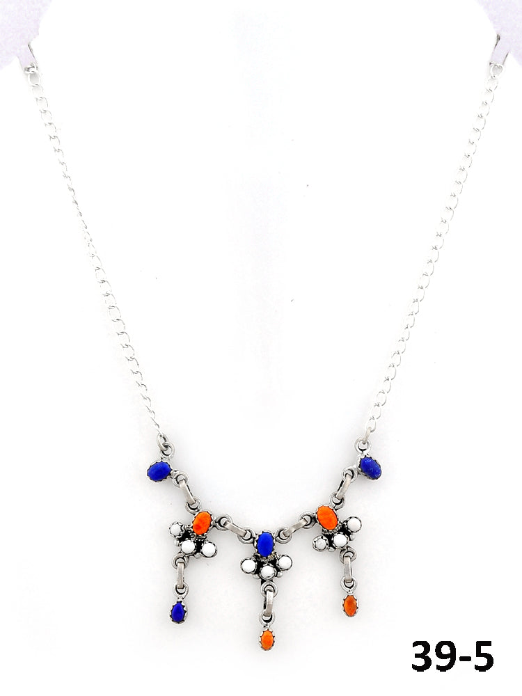 Southwest Made Lapis, White Buffalo with Orange Mohave & Sterling Silver Necklace