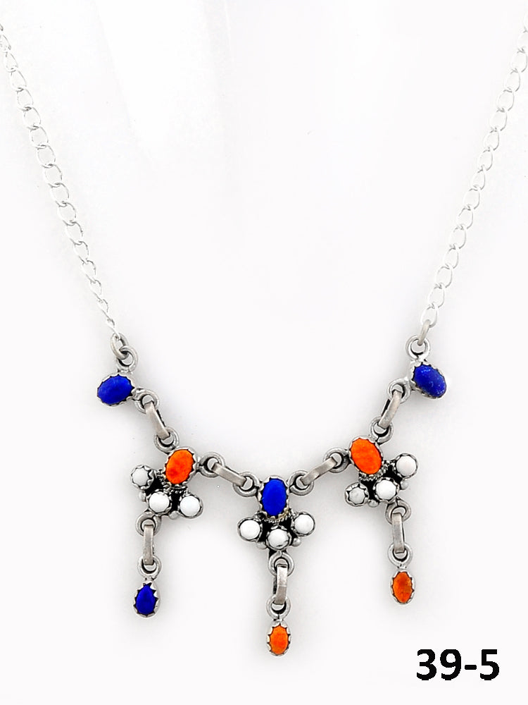 Southwest Made Lapis, White Buffalo with Orange Mohave & Sterling Silver Necklace
