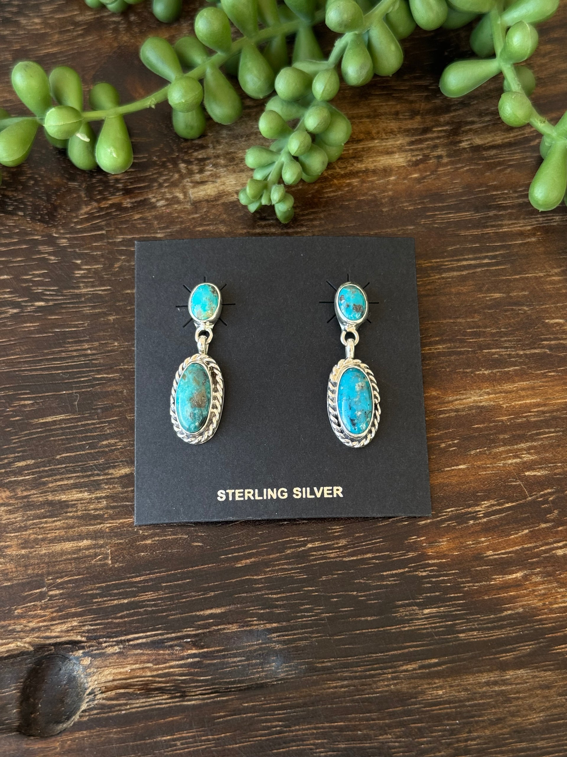 Navajo Made Kingman Turquoise & Sterling Silver Post Dangle Earrings