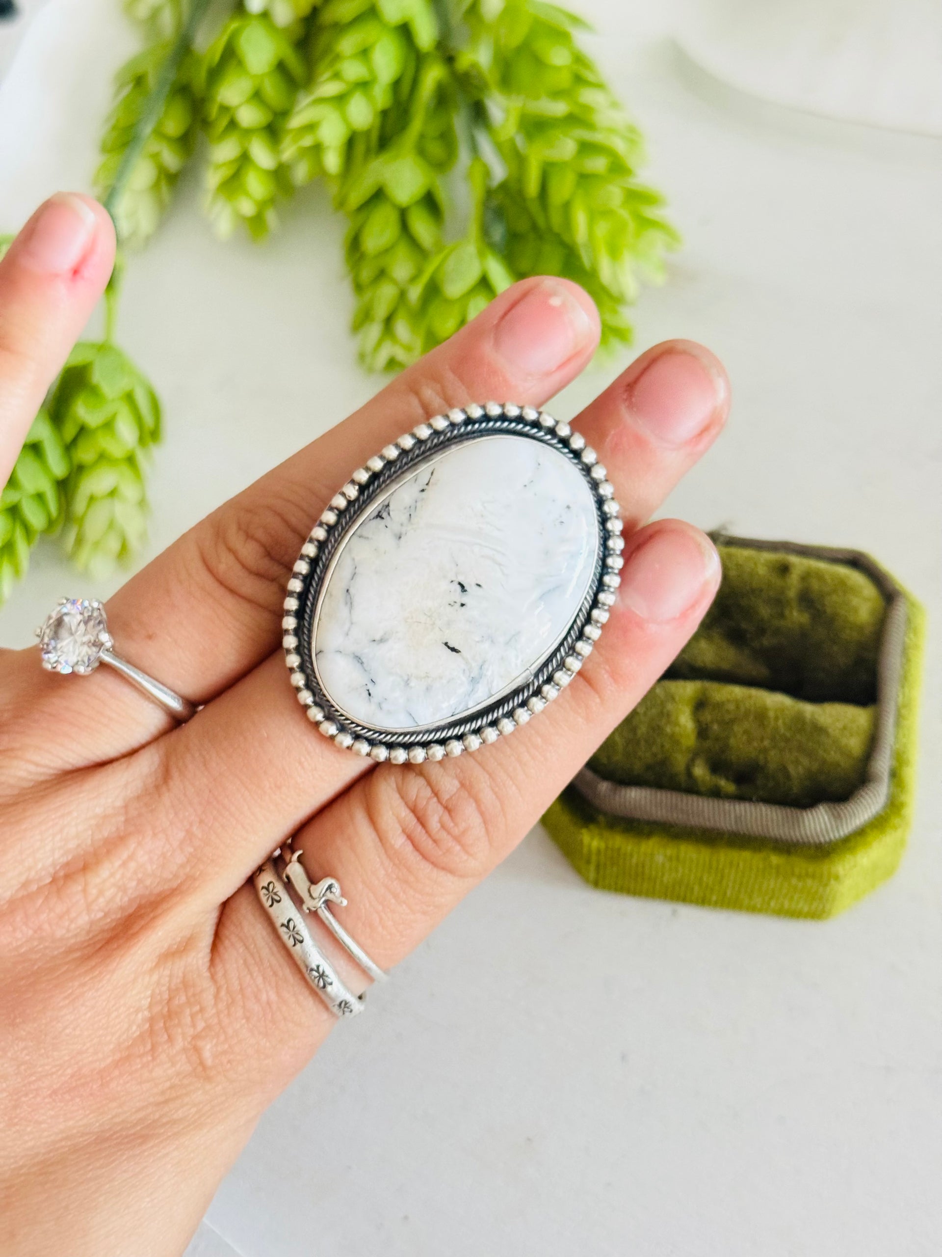 Navajo Made White Buffalo & Sterling Silver Adjustable Ring