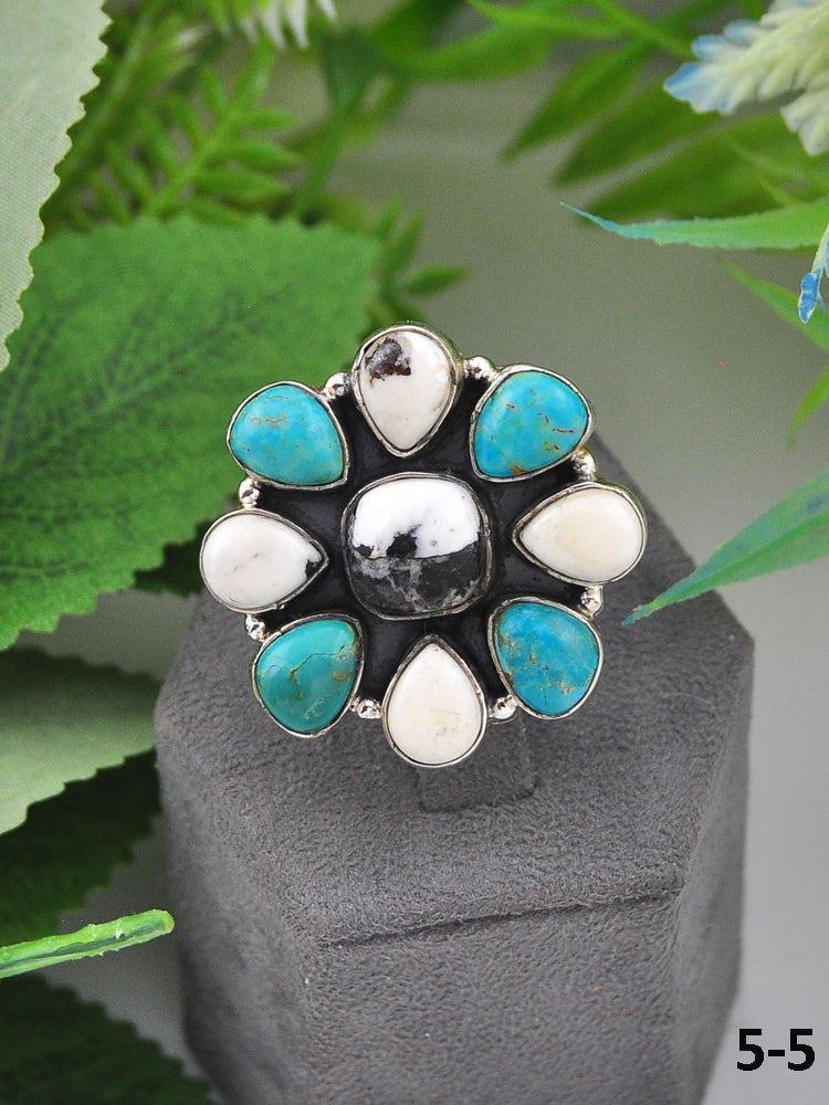 Southwest Made Multi Stone & Sterling Sliver Cluster Adjustable Ring