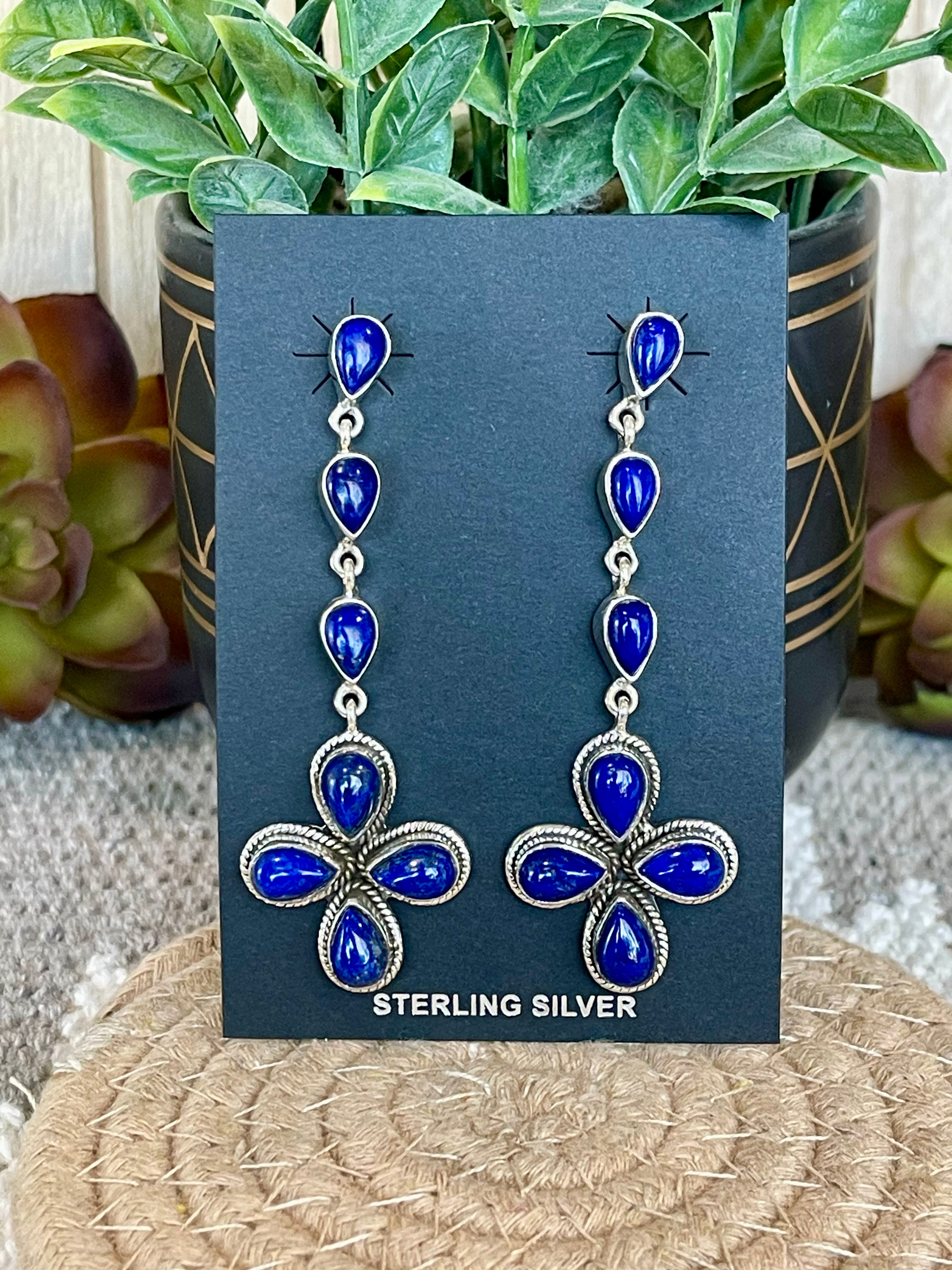 Southwest Handmade Lapis & Sterling Silver Post Dangle Cluster Earrings