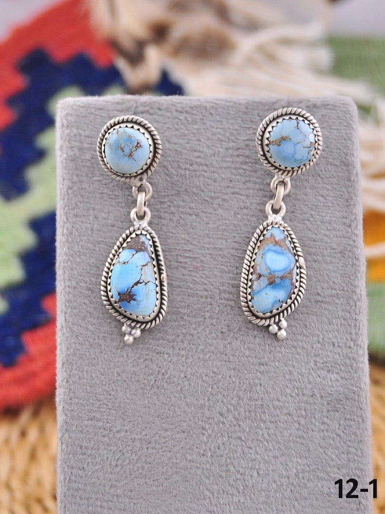 Southwest Handmade Golden Hill’s Turquoise & Sterling Silver Post Dangle Earrings