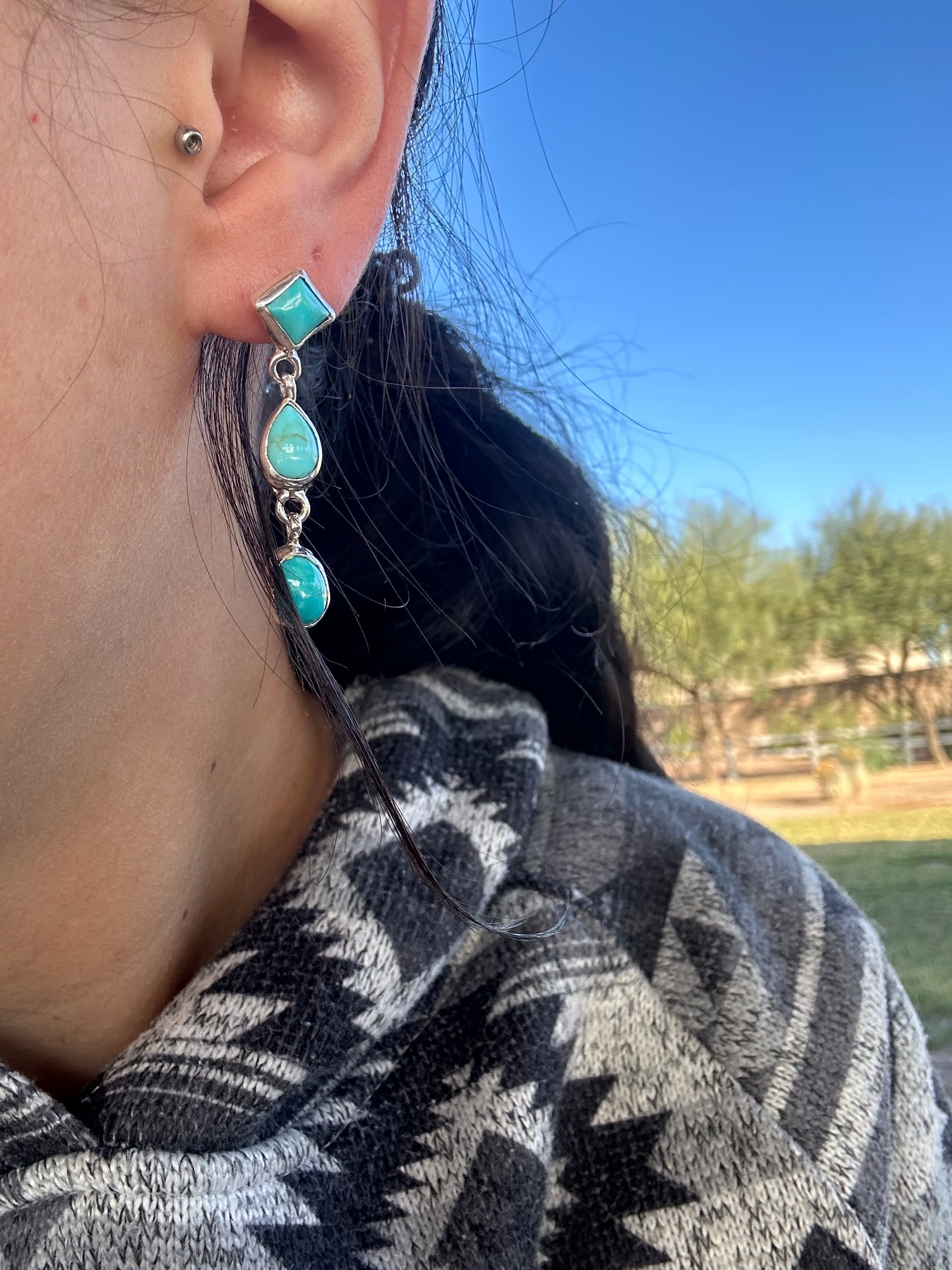 Navajo Made Kingman Turquoise & Sterling Silver Post Dangle Earrings