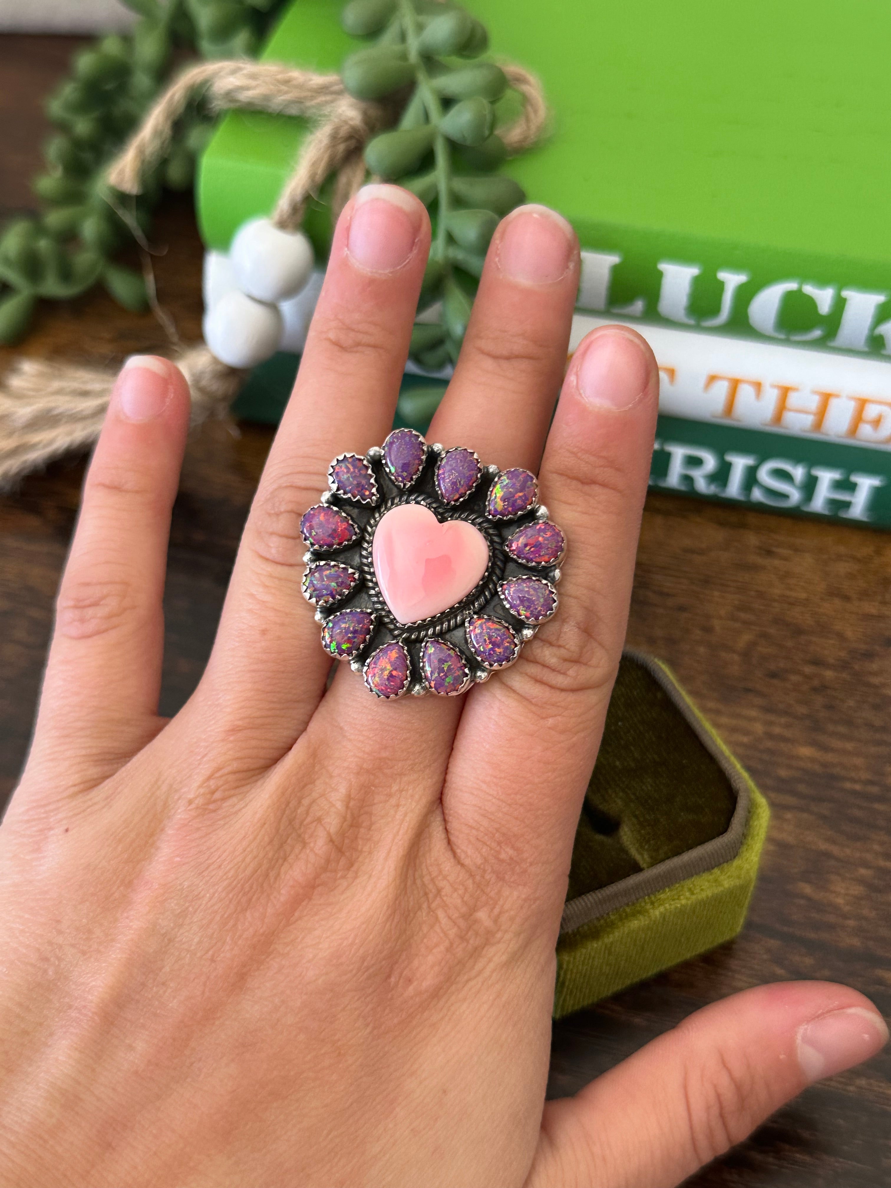 Southwest Handmade Multi Stone & Sterling Silver Adjustable Cluster Heart Ring