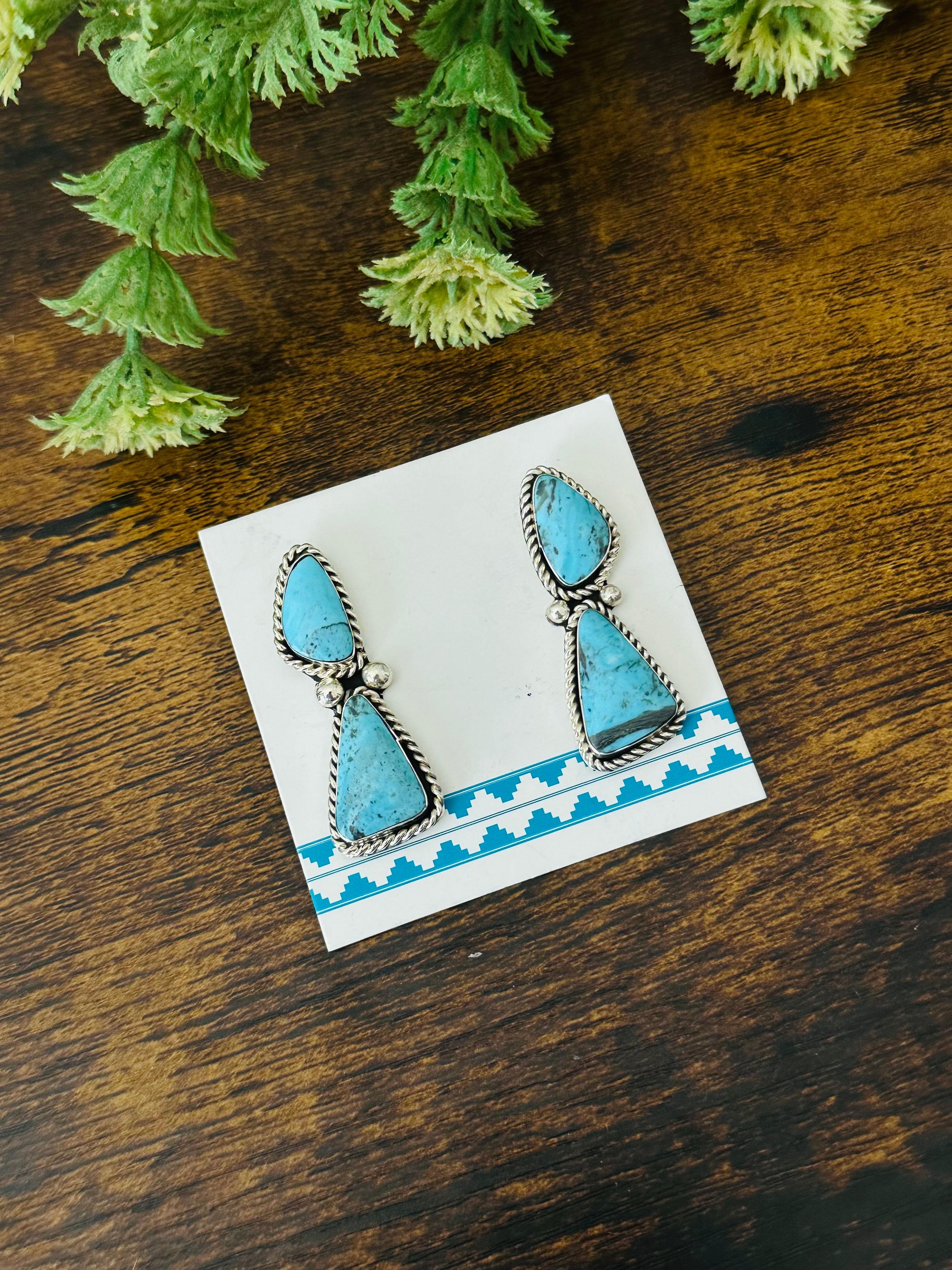 Navajo Handmade Kingman Turquoise & Sterling Silver Post Dangle Earrings