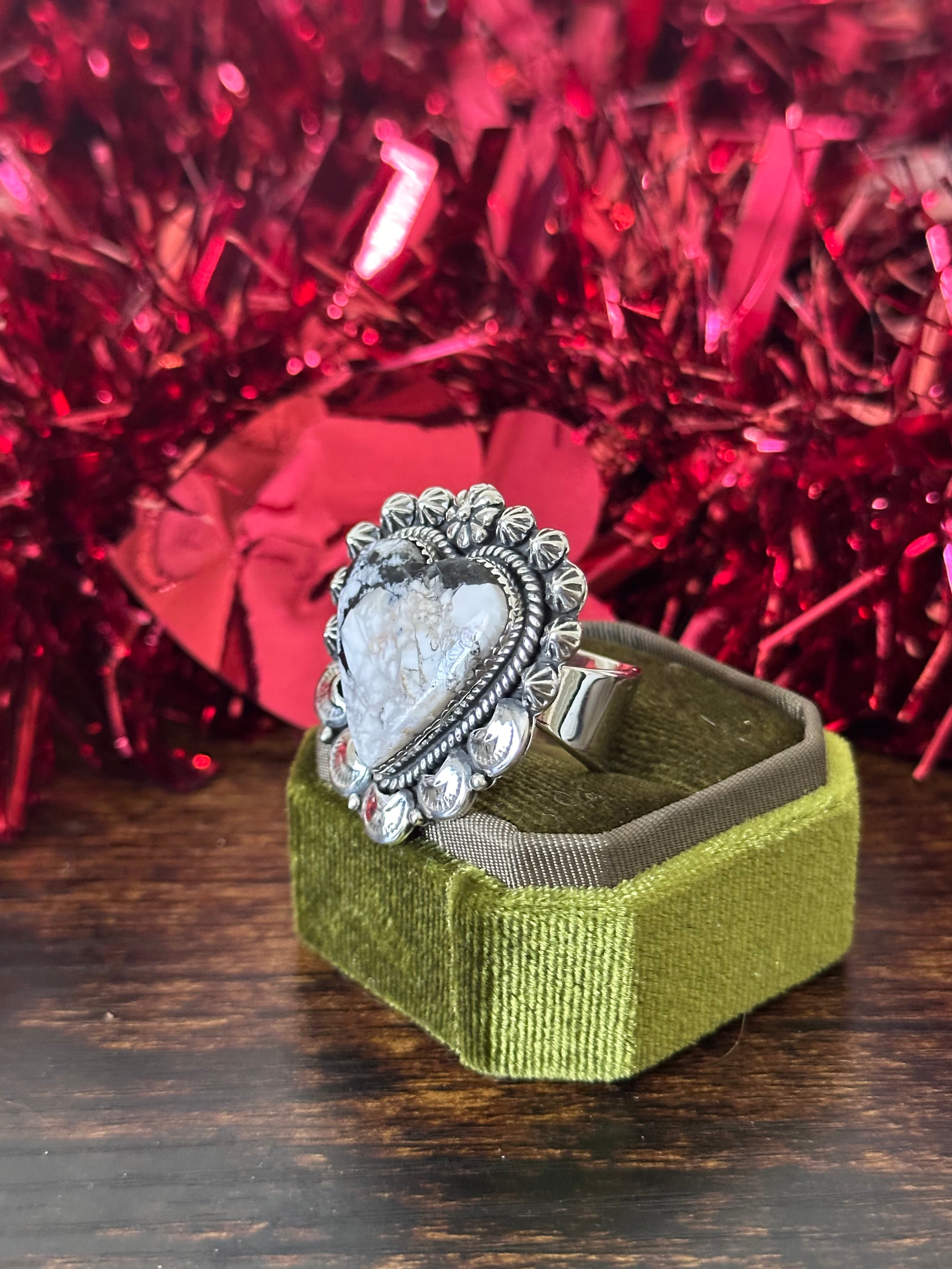 Southwest Handmade White Buffalo & Sterling Silver Adjustable Heart Ring