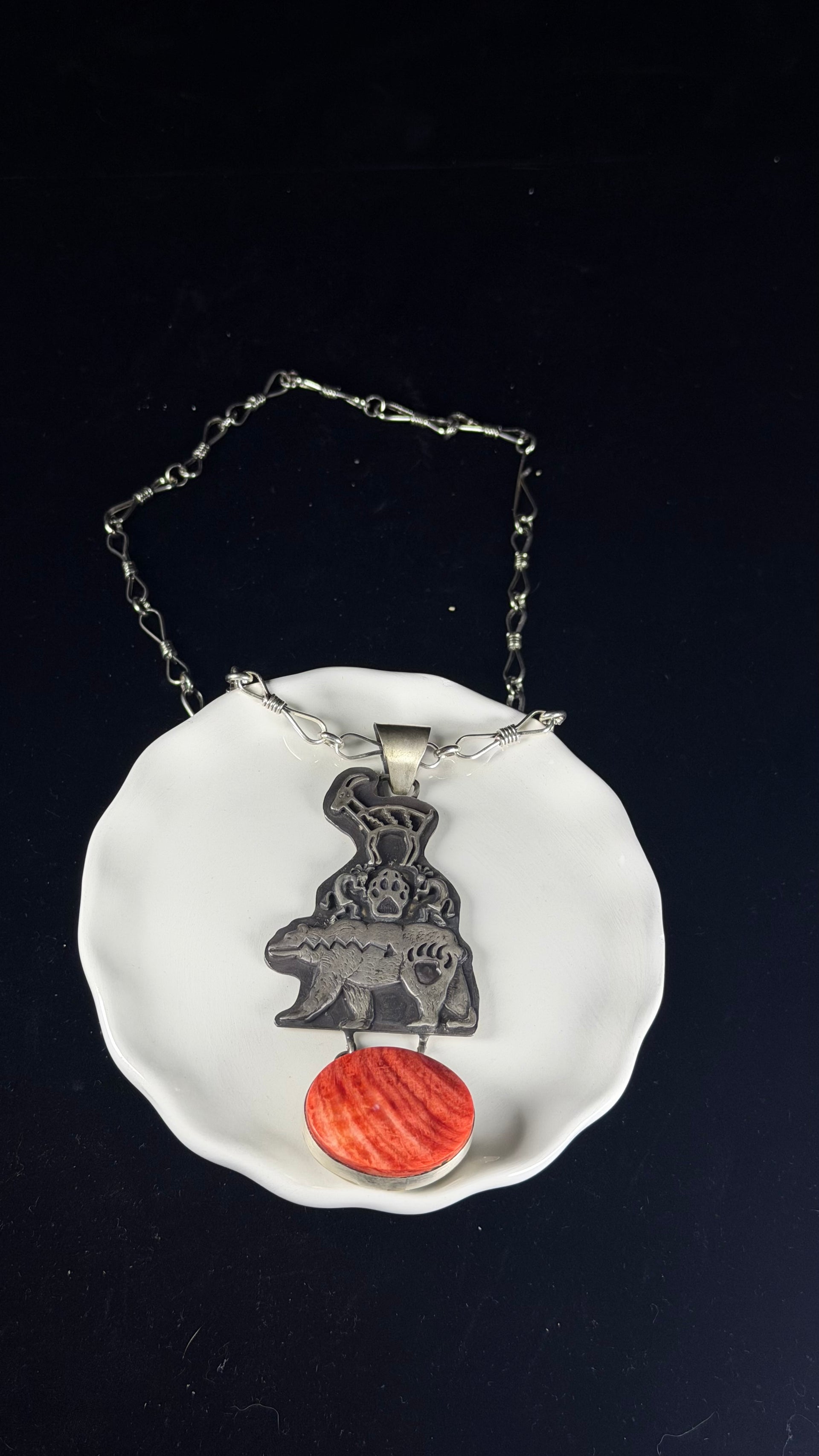 Navajo Made Spiny Oyster & Sterling Silver Handmade Chain Necklace/Pendant