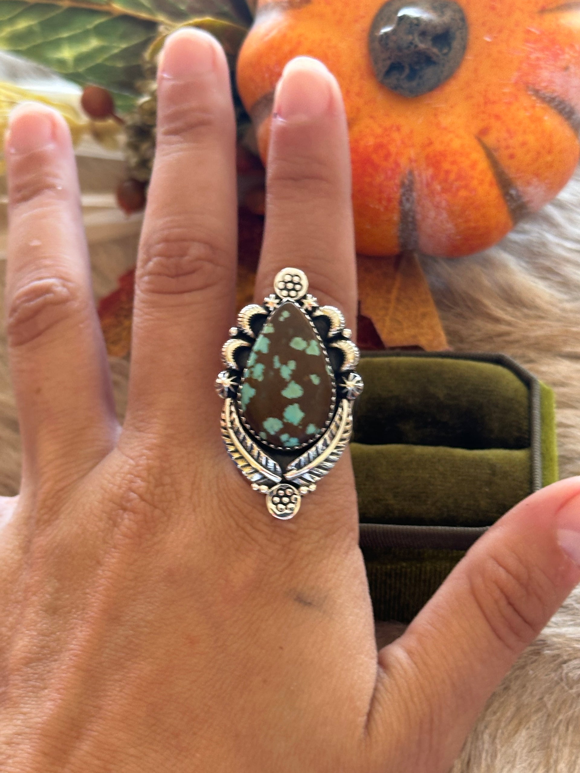 Southwest Handmade #8 Turquoise & Sterling Silver Adjustable Ring