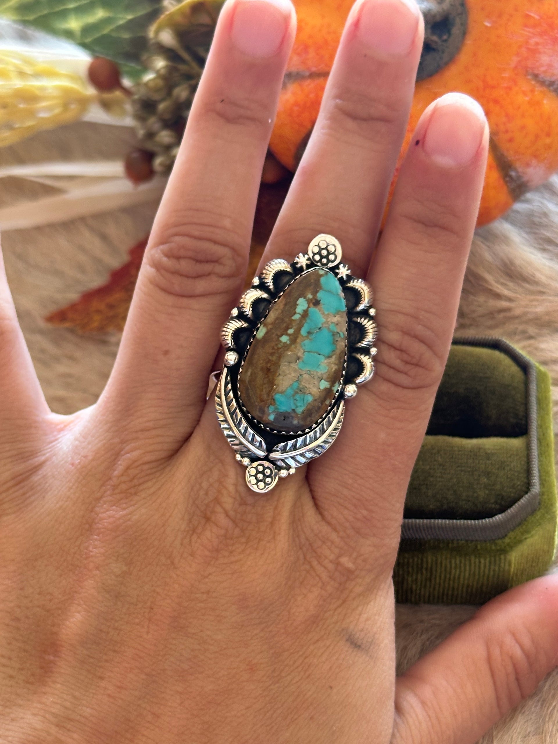 Southwest Handmade #8 Turquoise & Sterling Silver Adjustable Ring