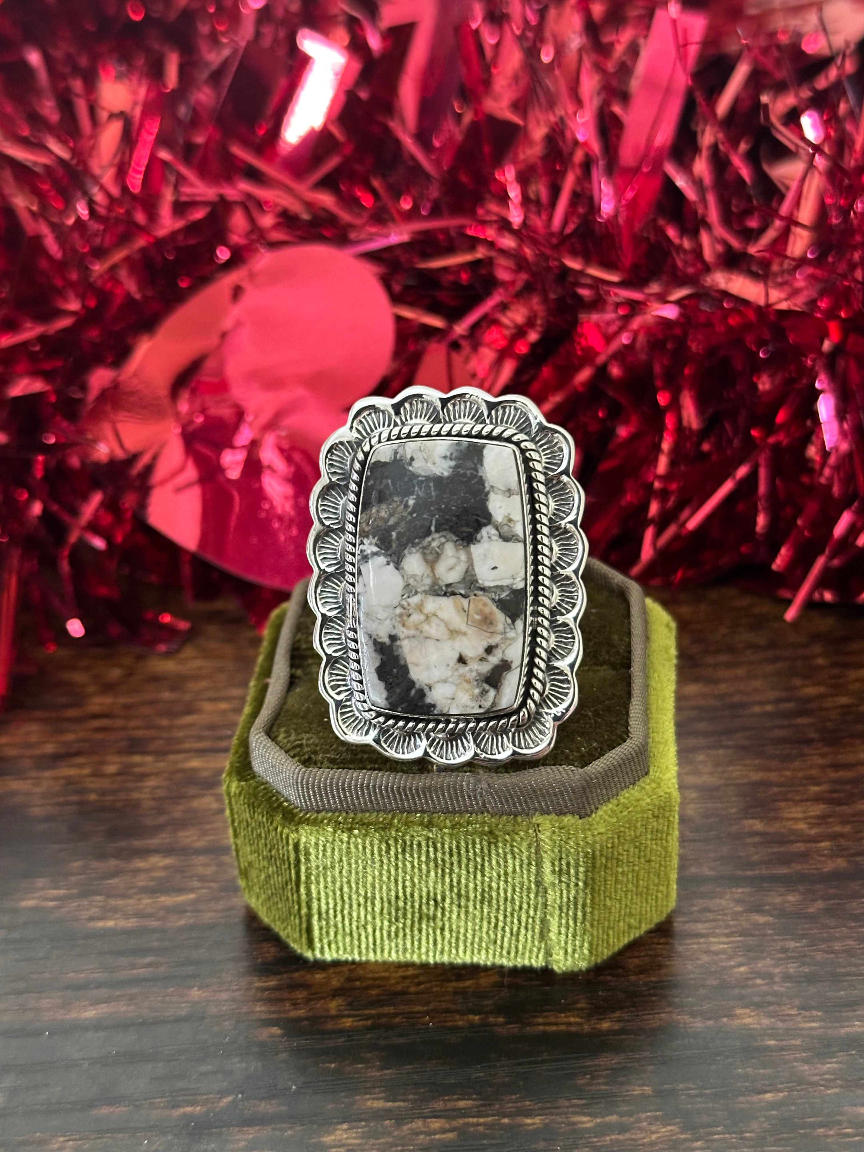 Southwest Handmade White Buffalo & Sterling Silver Adjustable Ring