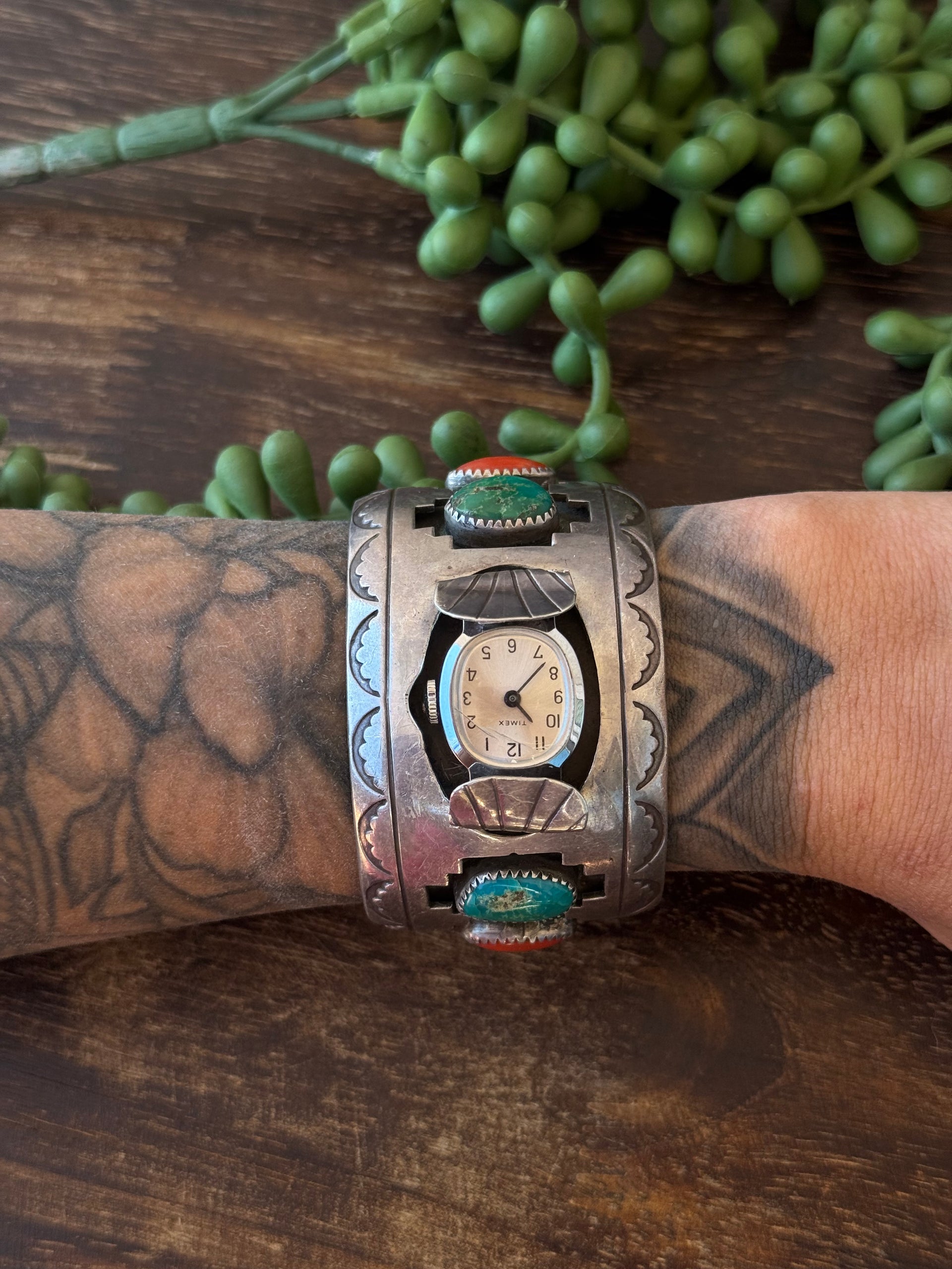 Vintage Navajo Made Multi Stone & Sterling Silver Watch Cuff Bracelet