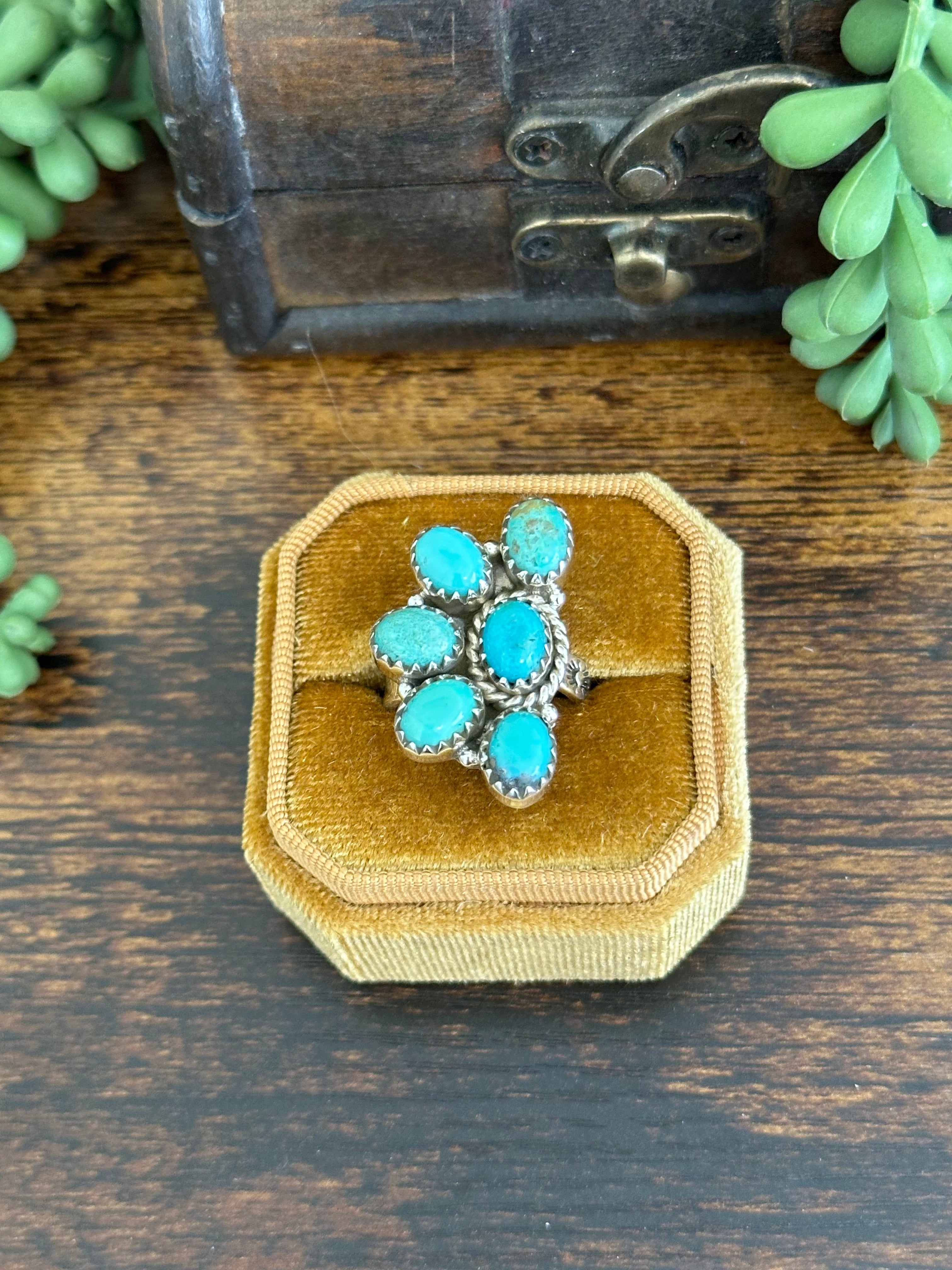 Southwest Handmade Kingman Turquoise & Sterling Silver Adjustable Cluster Ring