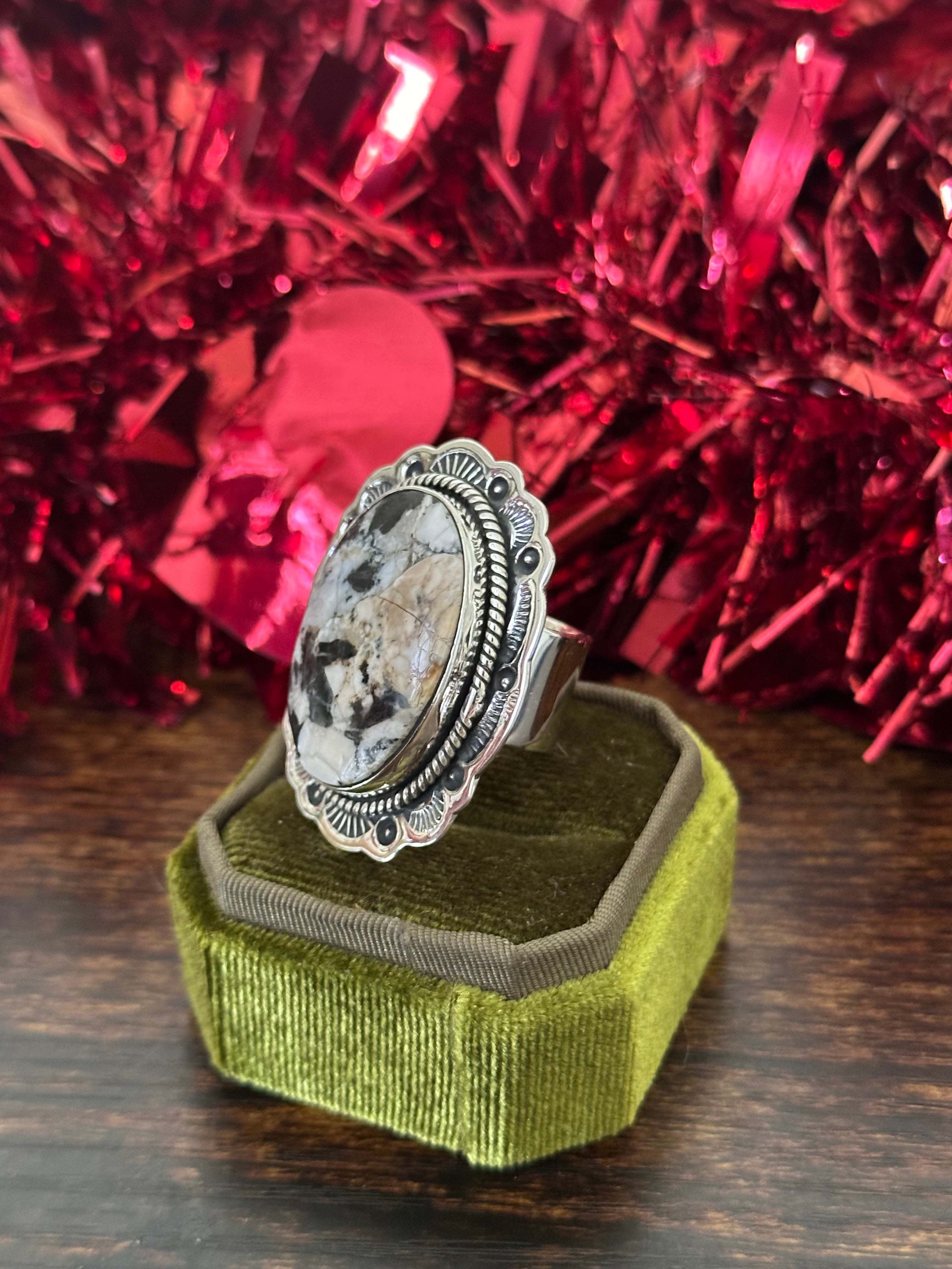 Southwest Handmade White Buffalo & Sterling Silver Adjustable Ring