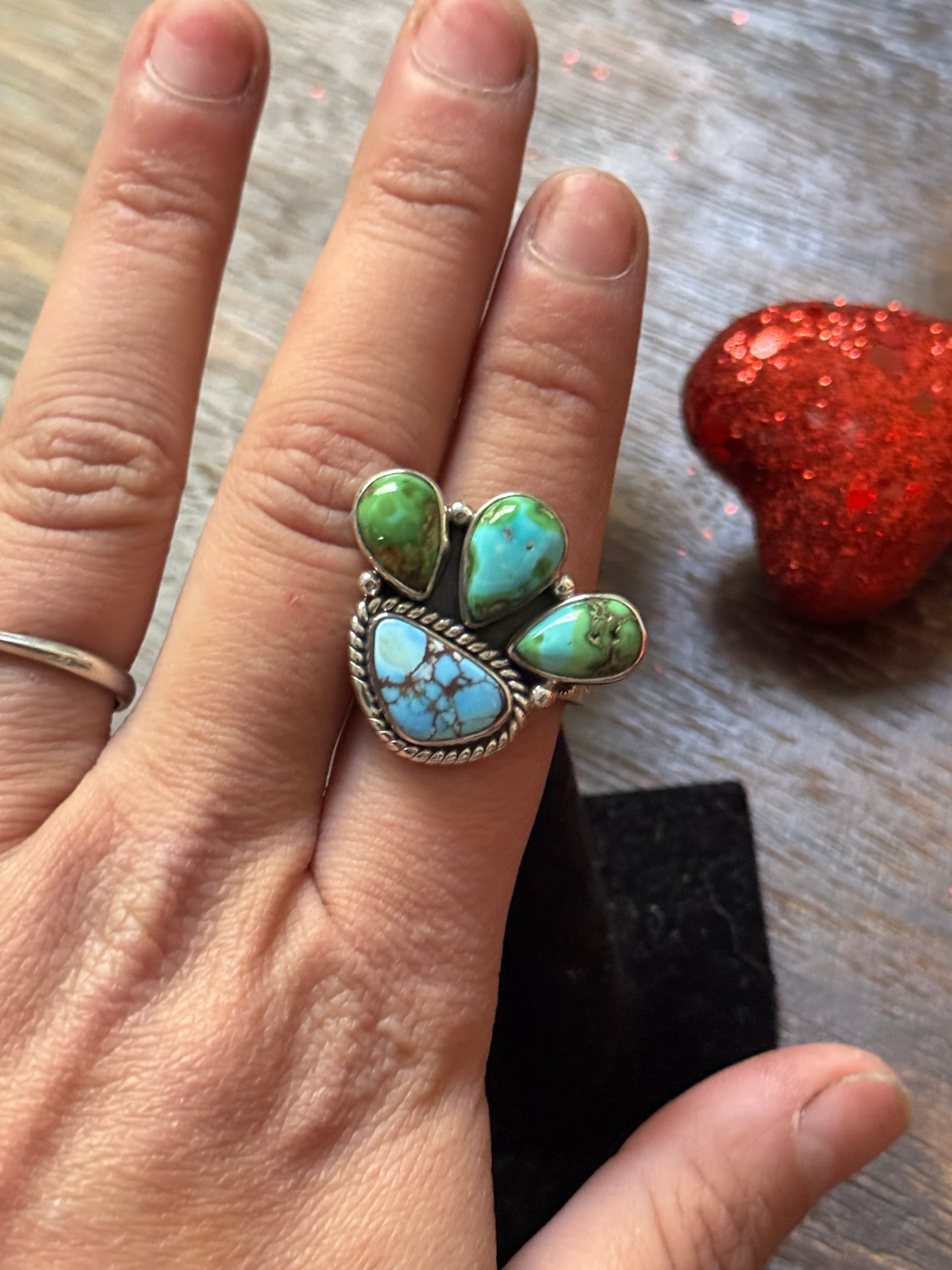 Southwest Handmade Multi Stone & Sterling Silver Adjustable Cluster Ring