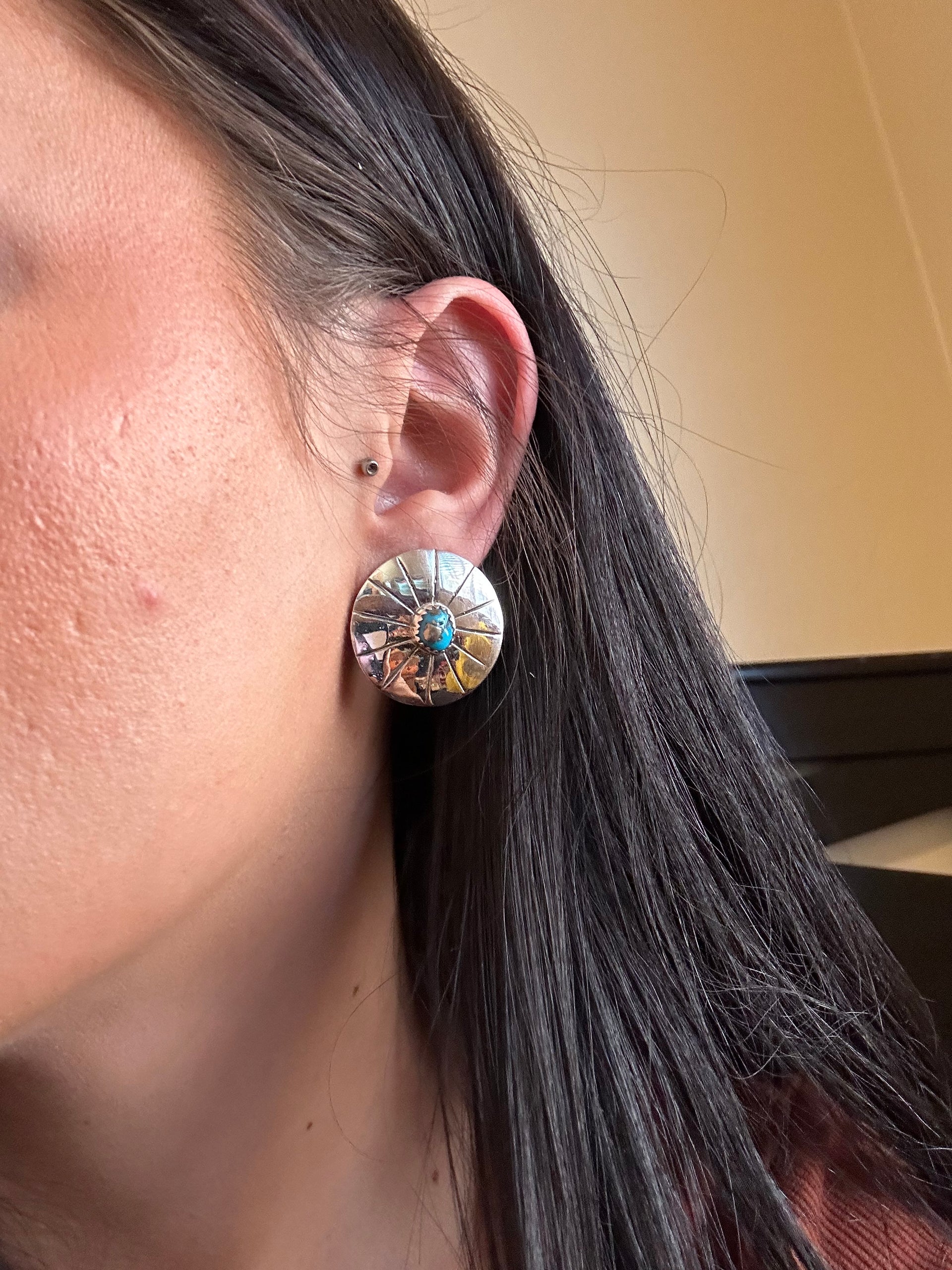 Navajo Made Kingman Turquoise & Sterling Silver Post Concho Earrings