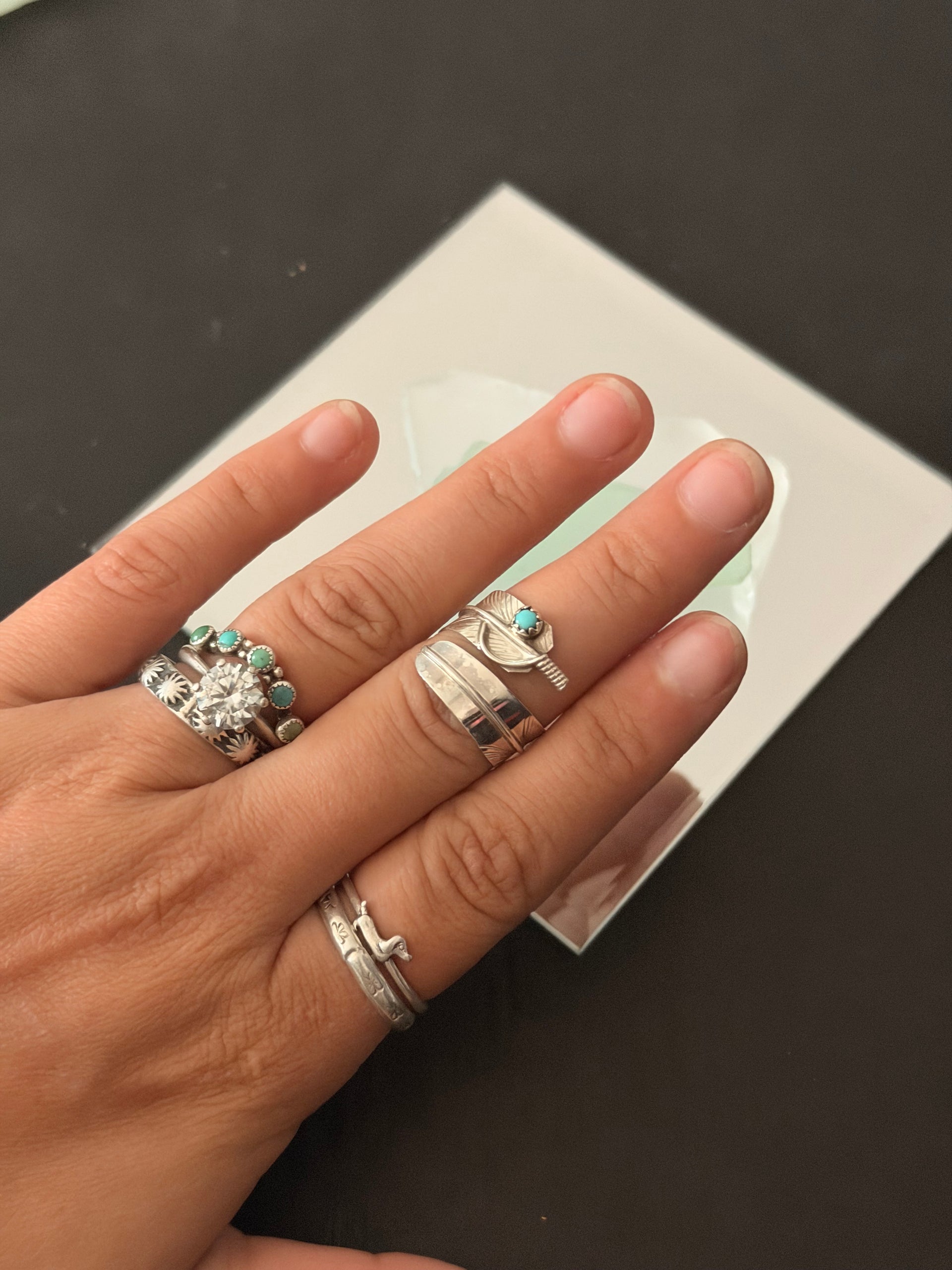 Navajo Made Kingman Turquoise & Sterling Silver Feather Adjustable Ring