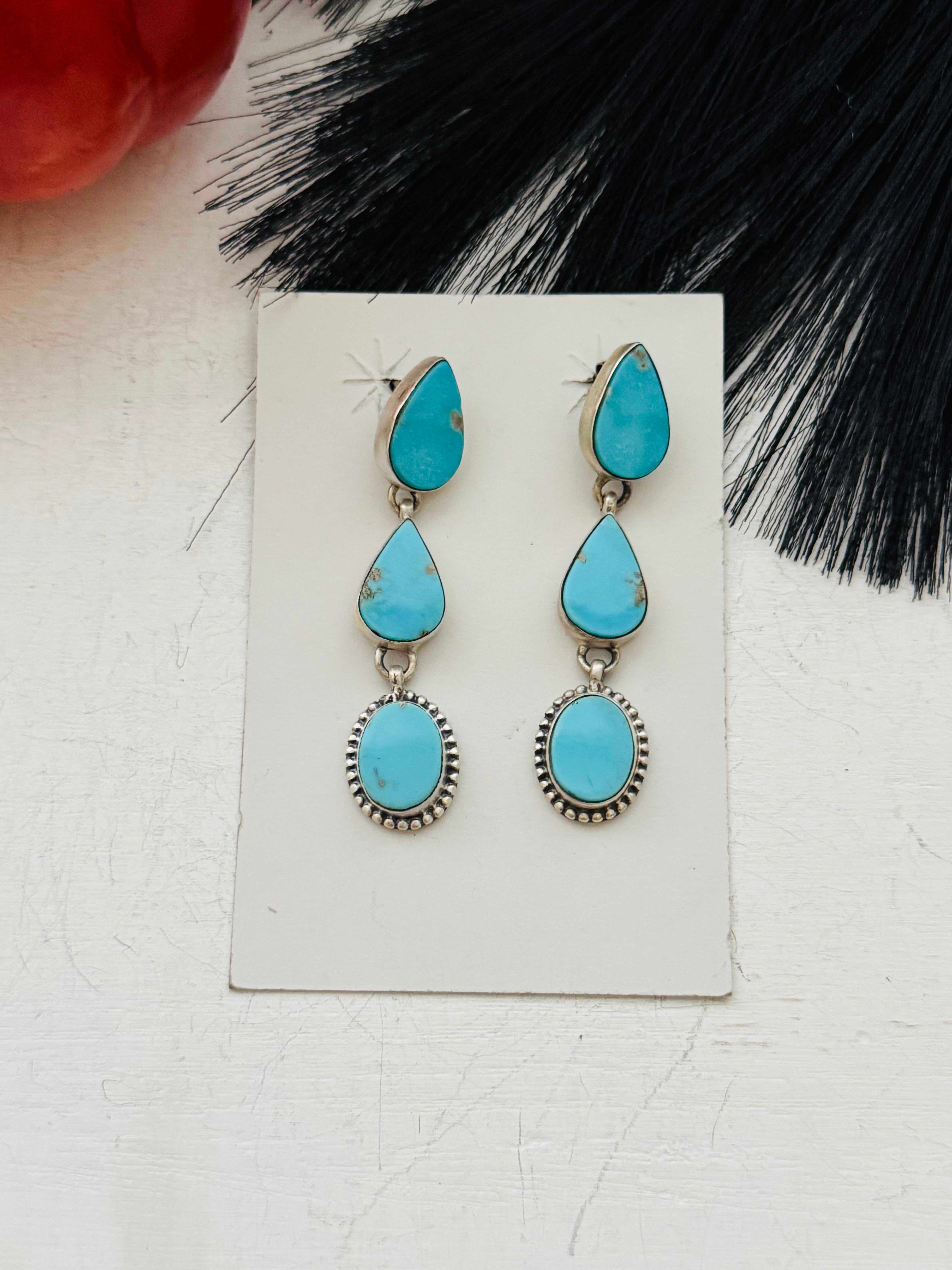 Southwest Handmade Kingman Turquoise & Sterling Silver Post Dangle Earrings