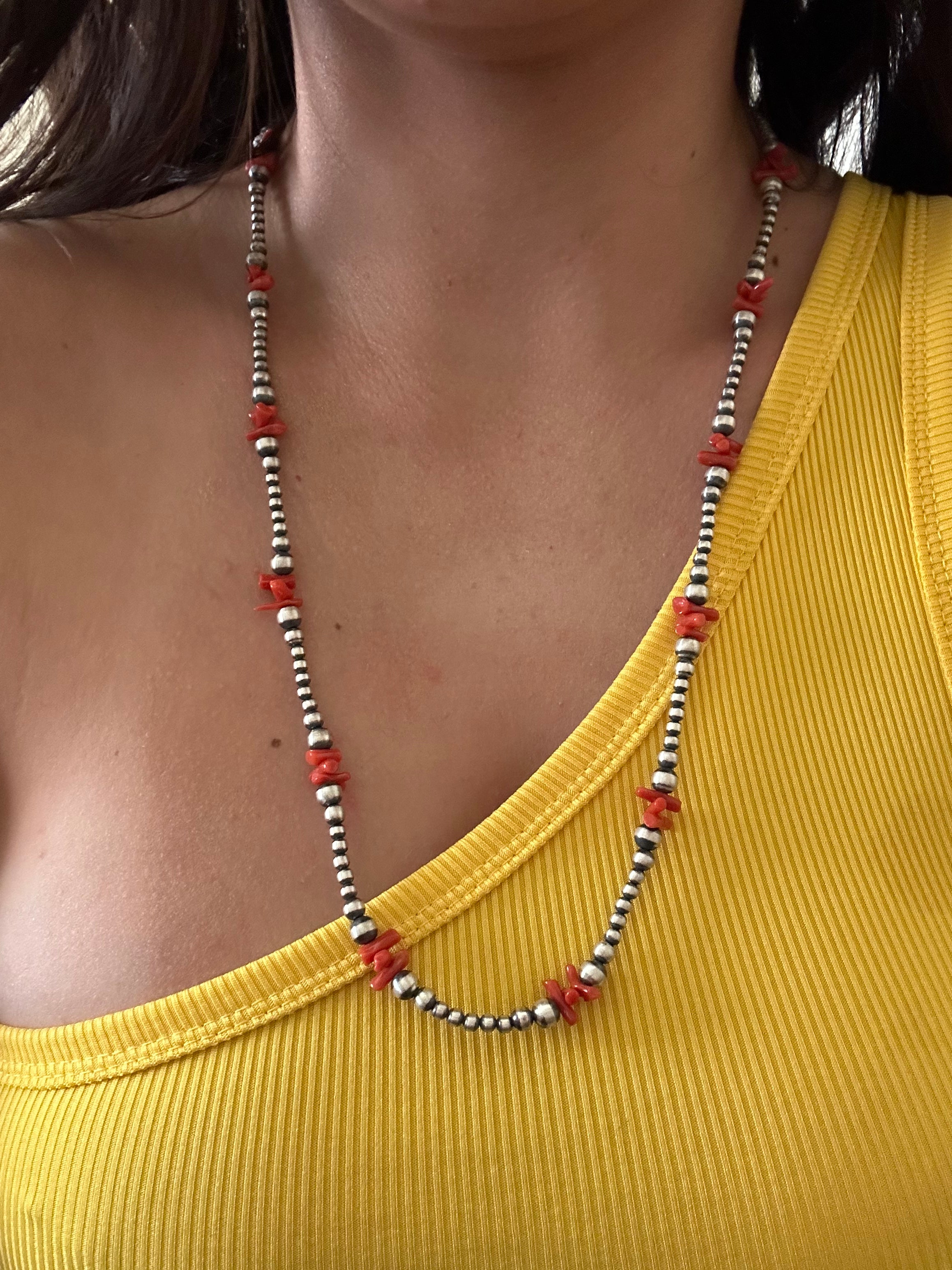 Navajo Strung Red Coral & Sterling Silver Graduated Pearls Beaded Necklace