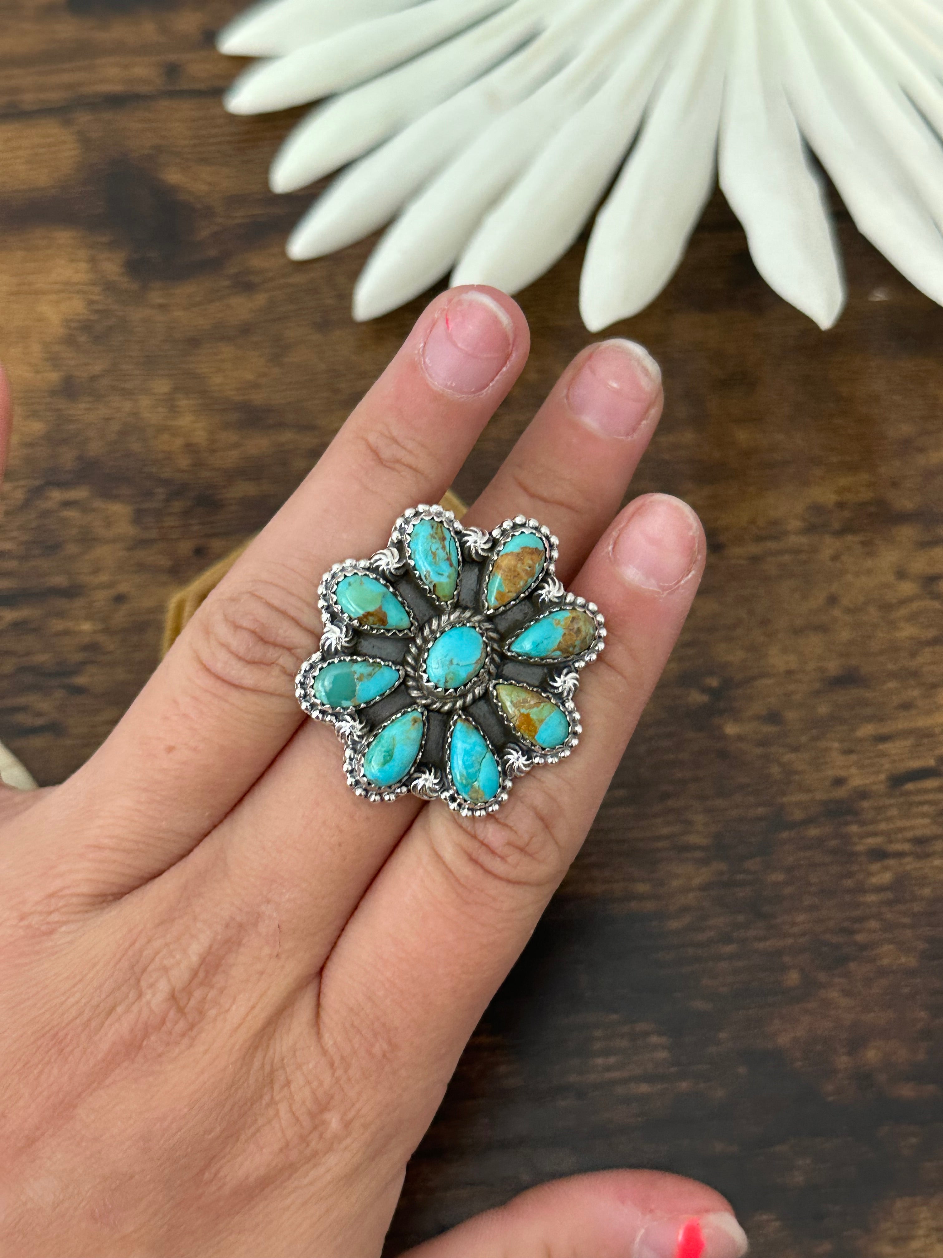 Southwest Handmade Kingman Turquoise & Sterling Silver Adjustable Cluster Ring