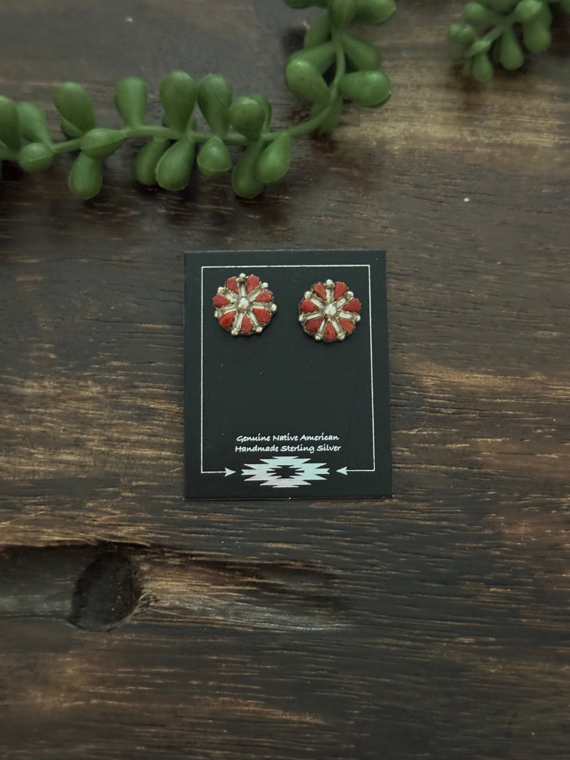 Zuni Made Coral & Sterling Silver Post Cluster Earrings