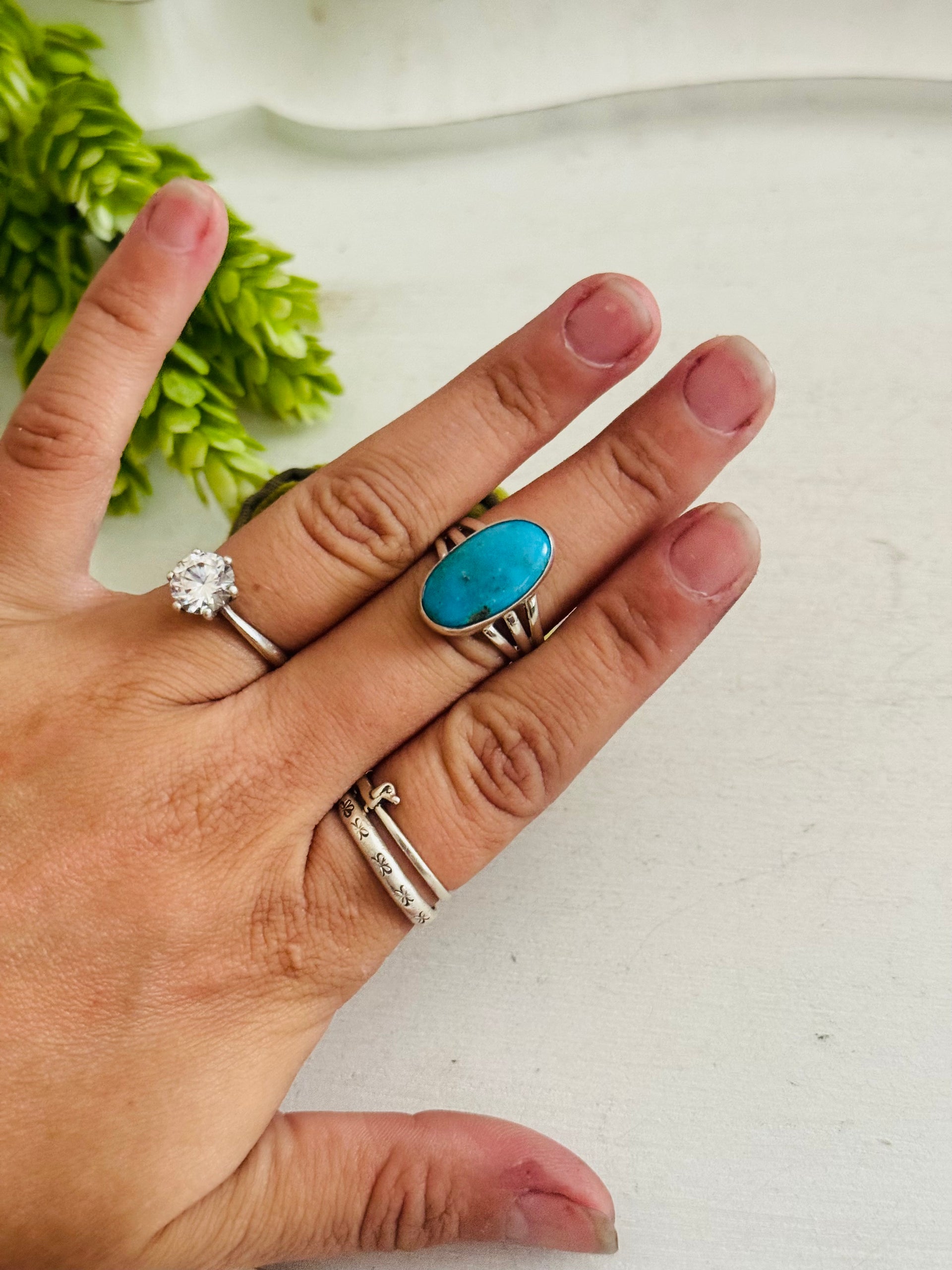 Southwest Made Kingman Turquoise & Sterling Sliver Ring Size 6.75