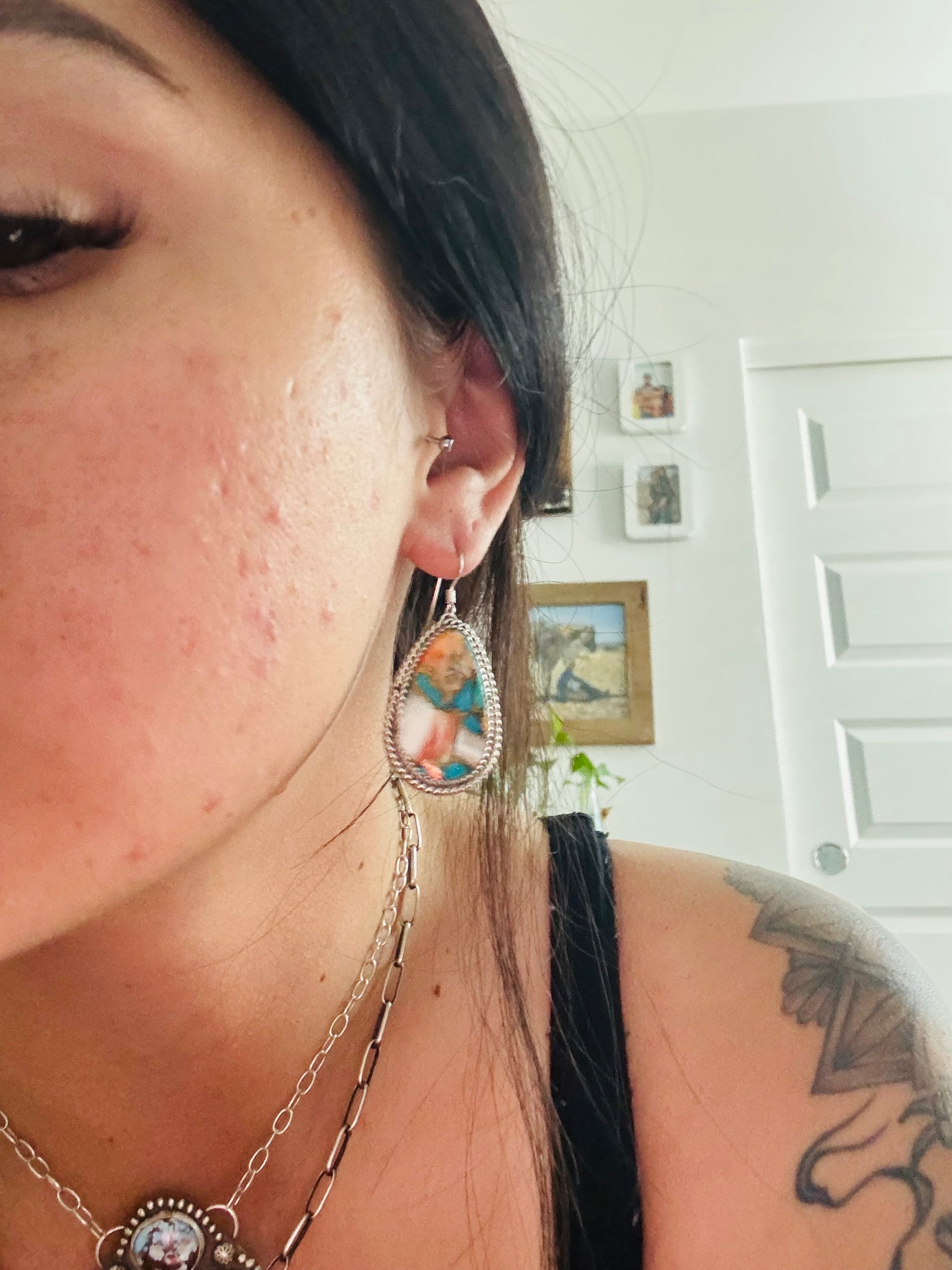 Navajo Made Mohave Turquoise & Sterling Silver Dangle Earrings