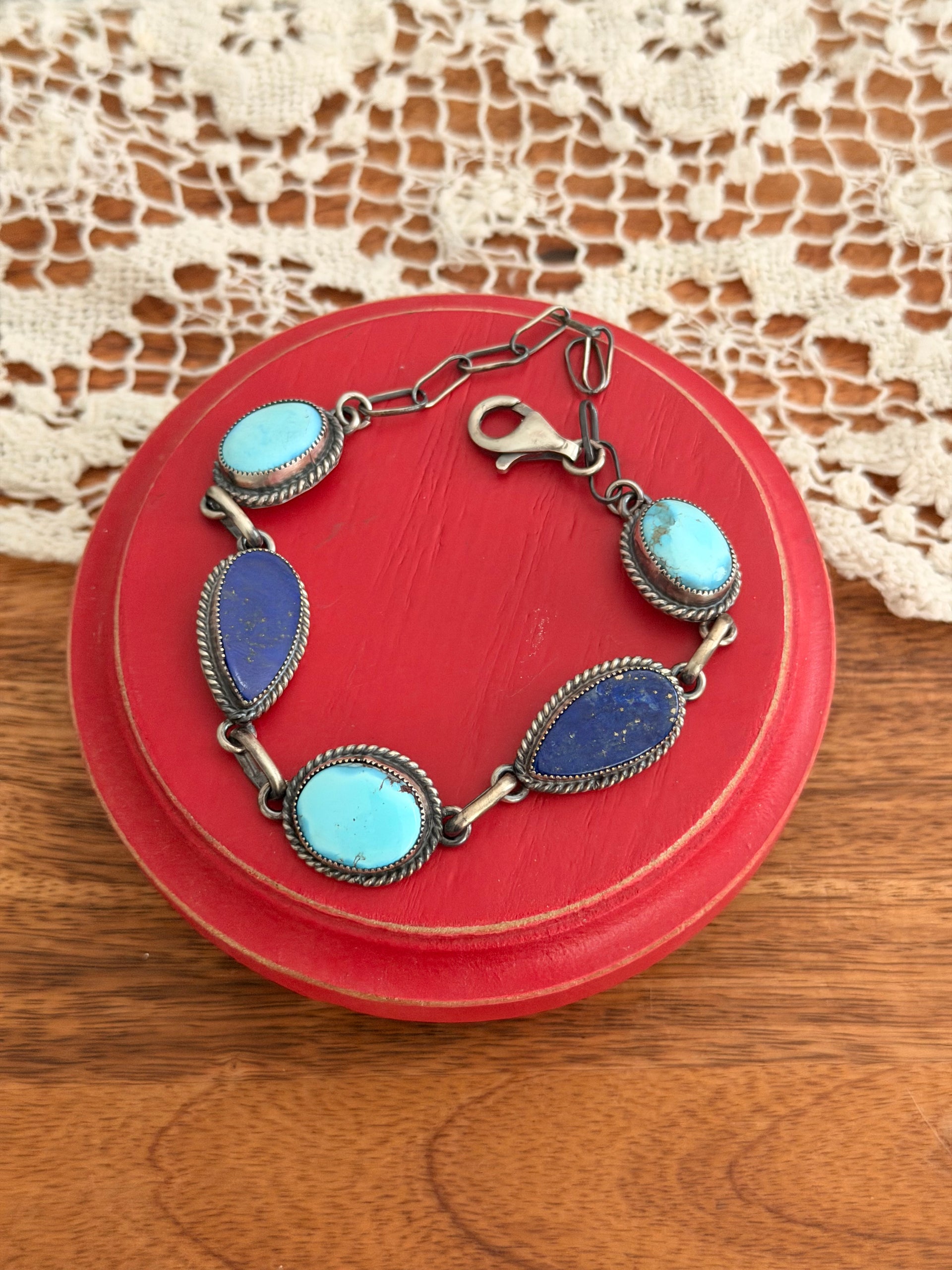 Navajo Made Multi Stone & Sterling Silver Link Bracelet
