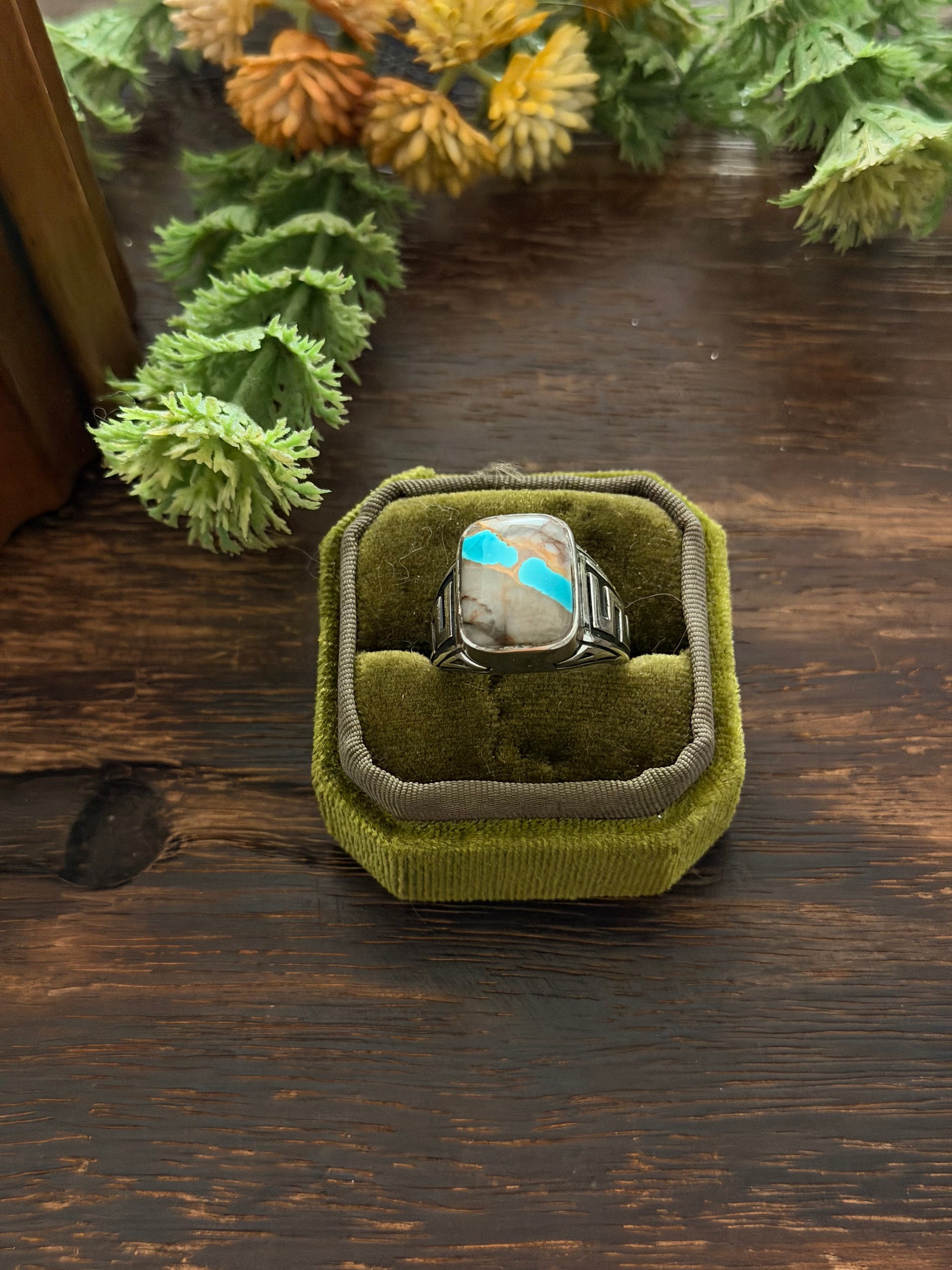 Navajo Made Royston Turquoise & Sterling Silver Cast Ring Size 9