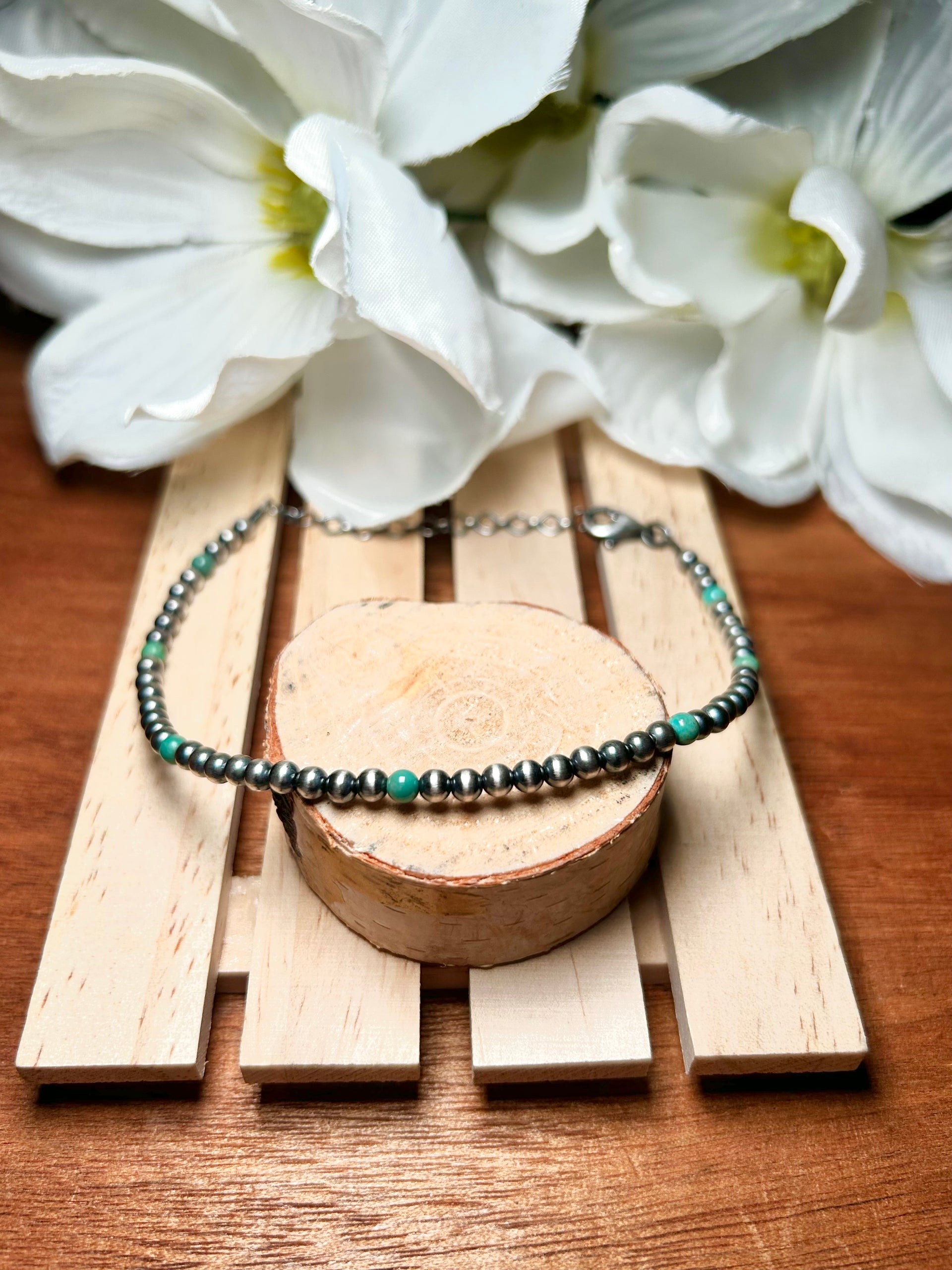 Navajo Made Kingman Turquoise & Sterling Silver Strung Anklet